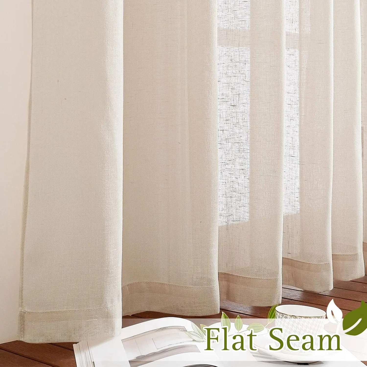 NICETOWN Beige Linen Sheer 48 inch Curtains, Grommet Flax Semi Sheer Linen Blend Window Treatments Privacy with Light Filtering Drapes for Cafe/Kitchen, W36 x L48, 2 Panels