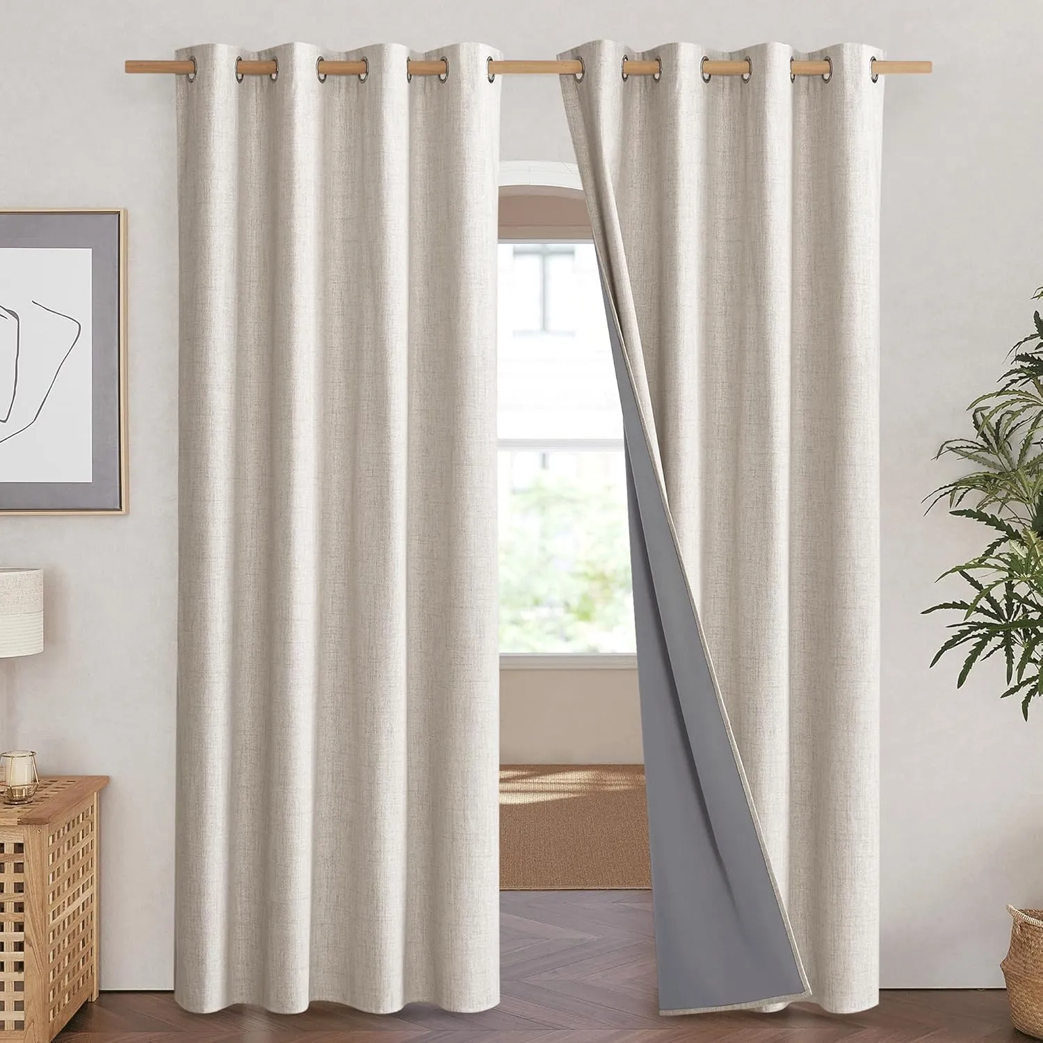 NICETOWN Brich Vintage Open Linen Weave Flax Thermal Curtains, 100% Blackout Curtains 84 inches Long for Dining Room, Soundproof Window Treatment Drapes for Hall Room, 52" Wide Per Panel, Set of 2