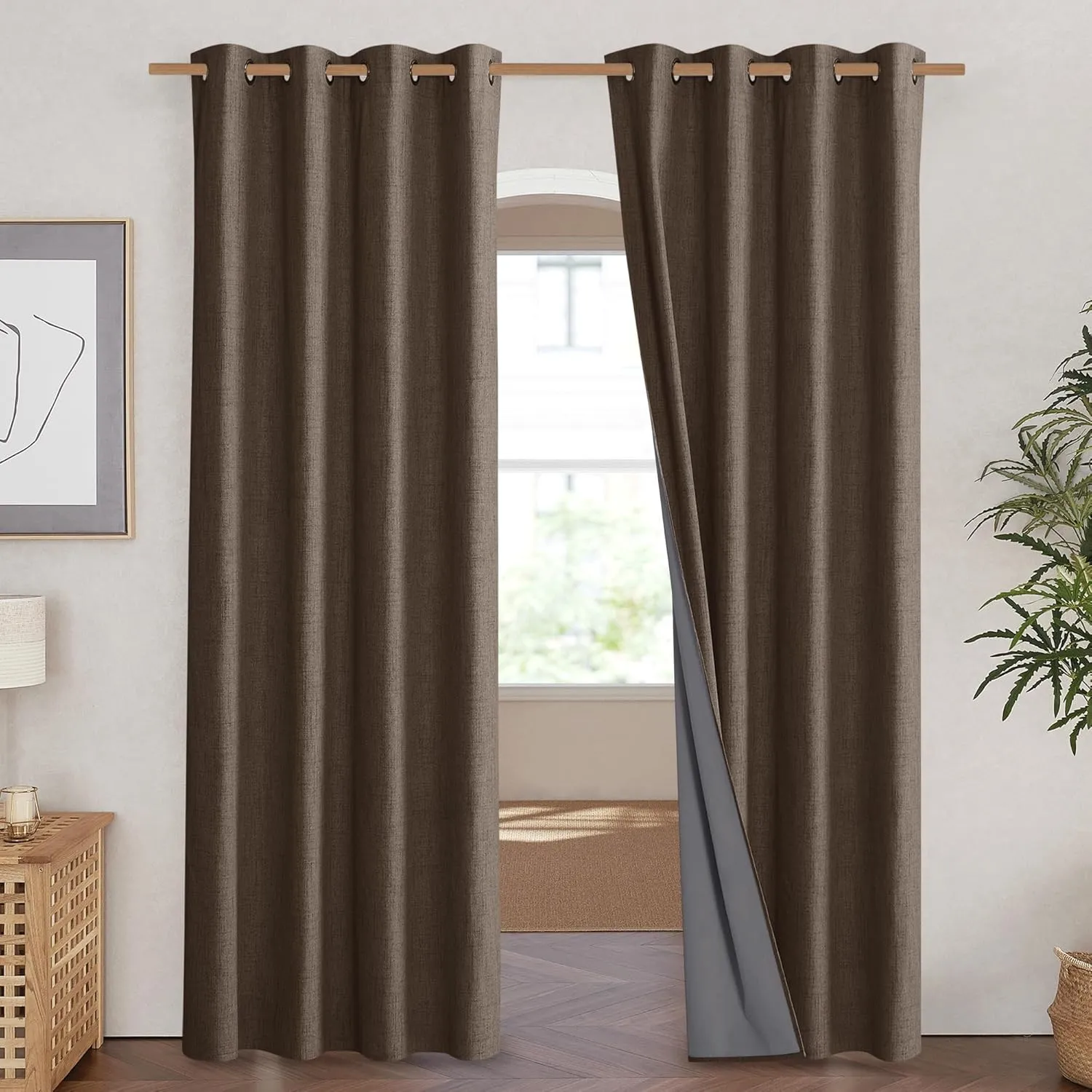 NICETOWN Coffee Vintage Linen 100% Blackout Curtains for Living Room, Thermal Insulated Curtains 84“ Long, Noise Reducing Window Treatment Drapes for Hall Room, 52" Wide Per Panel, Set of 2