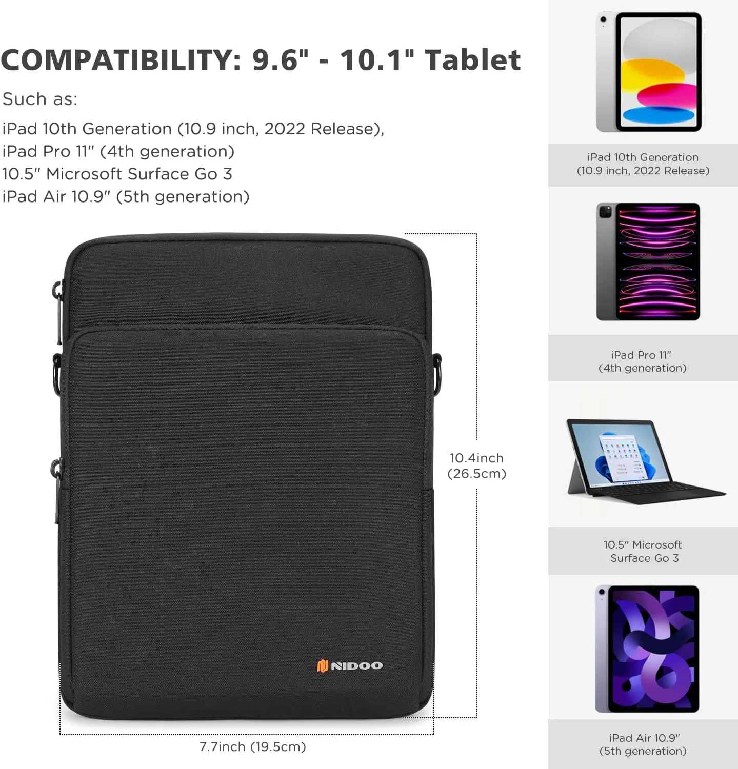 NIDOO 10 inch Laptop Sleeve Carrying Bag Shoulder Case for 10.9" 11" iPad Air M3 M2/ 11" iPad Pro 2025/10.9" 10.2" 11 inch iPad/ 10.5" Samsung Galaxy Tab A8 S8 / 10.4" HUAWEI / 10.6" Lenovo Handle