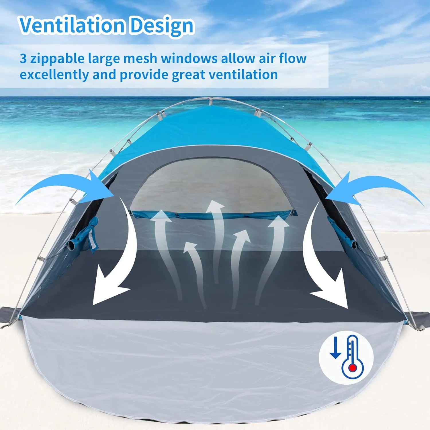 Night Cat Beach Tent Portable Camping Sun Shade Shelter for 2-4 Persons with UV Protection 3 Breathable Mesh Windows Extended Tent Floor Easy Set Up Outdoor