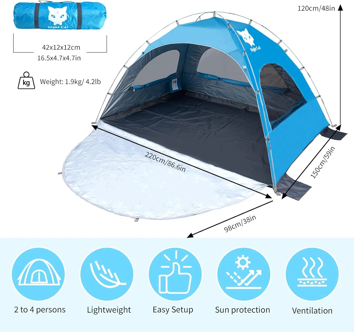 Night Cat Beach Tent Portable Camping Sun Shade Shelter for 2-4 Persons with UV Protection 3 Breathable Mesh Windows Extended Tent Floor Easy Set Up Outdoor