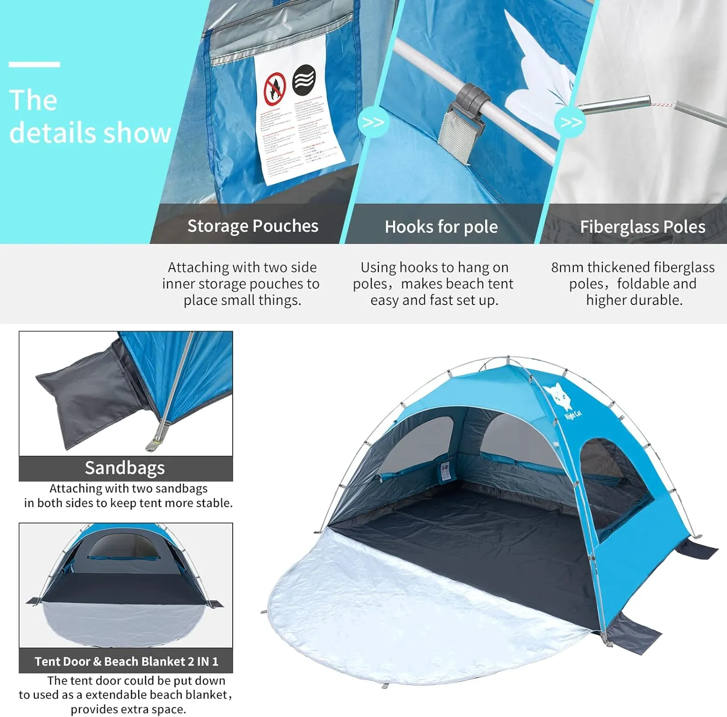 Night Cat Beach Tent Portable Camping Sun Shade Shelter for 2-4 Persons with UV Protection 3 Breathable Mesh Windows Extended Tent Floor Easy Set Up Outdoor