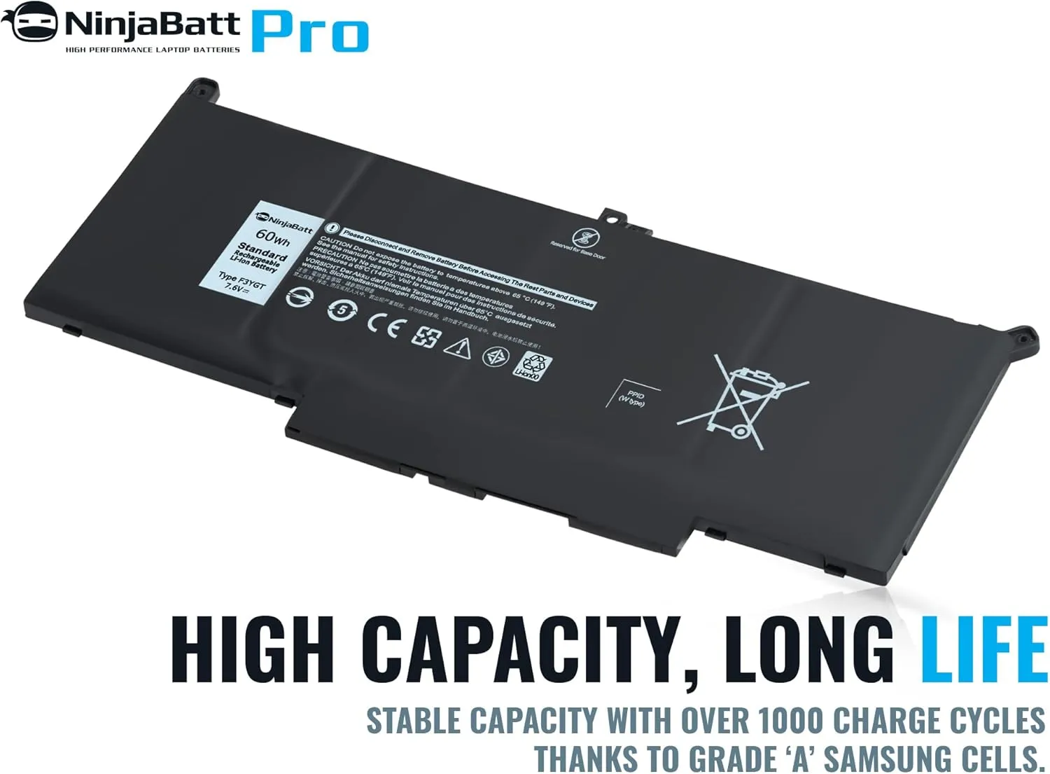 NinjaBatt Battery F3YGT for Dell Latitude 7480 7490 7280 7290 7380 7390 7000 12 13 14 Series DM3WC P29S002 P73G002 DM6WC 2X39G KG7VF 451-BBYE 453-BBCF - High Performance [7.6V/60Wh]