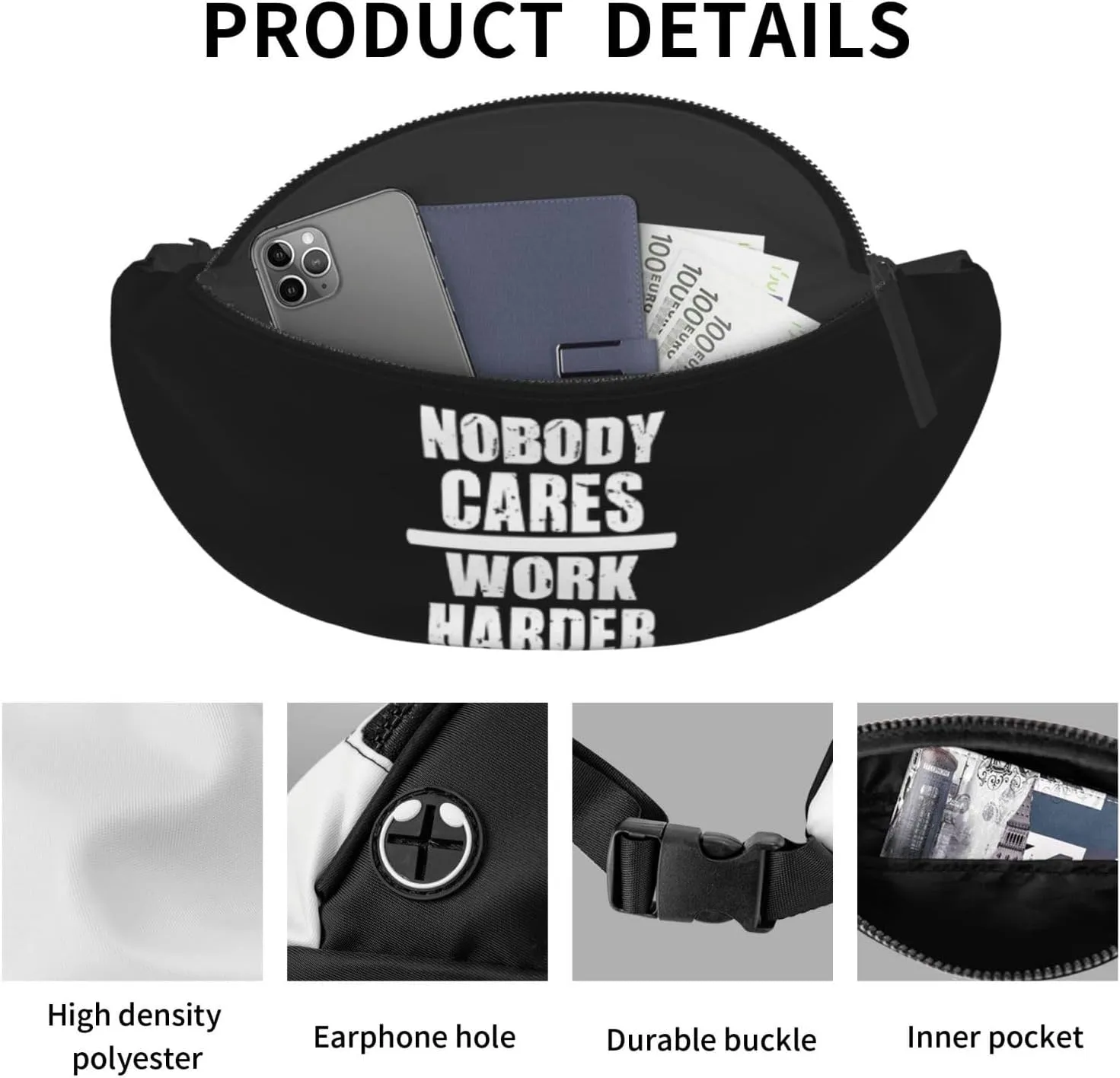Nobody Cares Work Harder Waist Bag Men's and Women's Adjustable Travel Chest Pack Outdoor Running Waist Bag