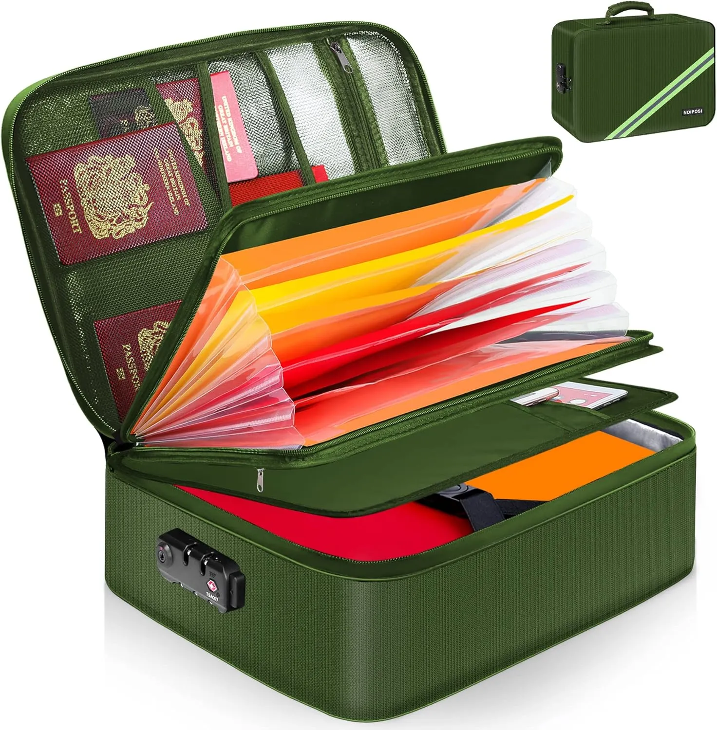 Noiposi Document Organizer with 5200℉ Heat Insulated,16.1"x11.4"x4.3" Waterproof and Fireproof Document Box,Portable Home Travel Safe Storage Box for Important Documents and File,Green