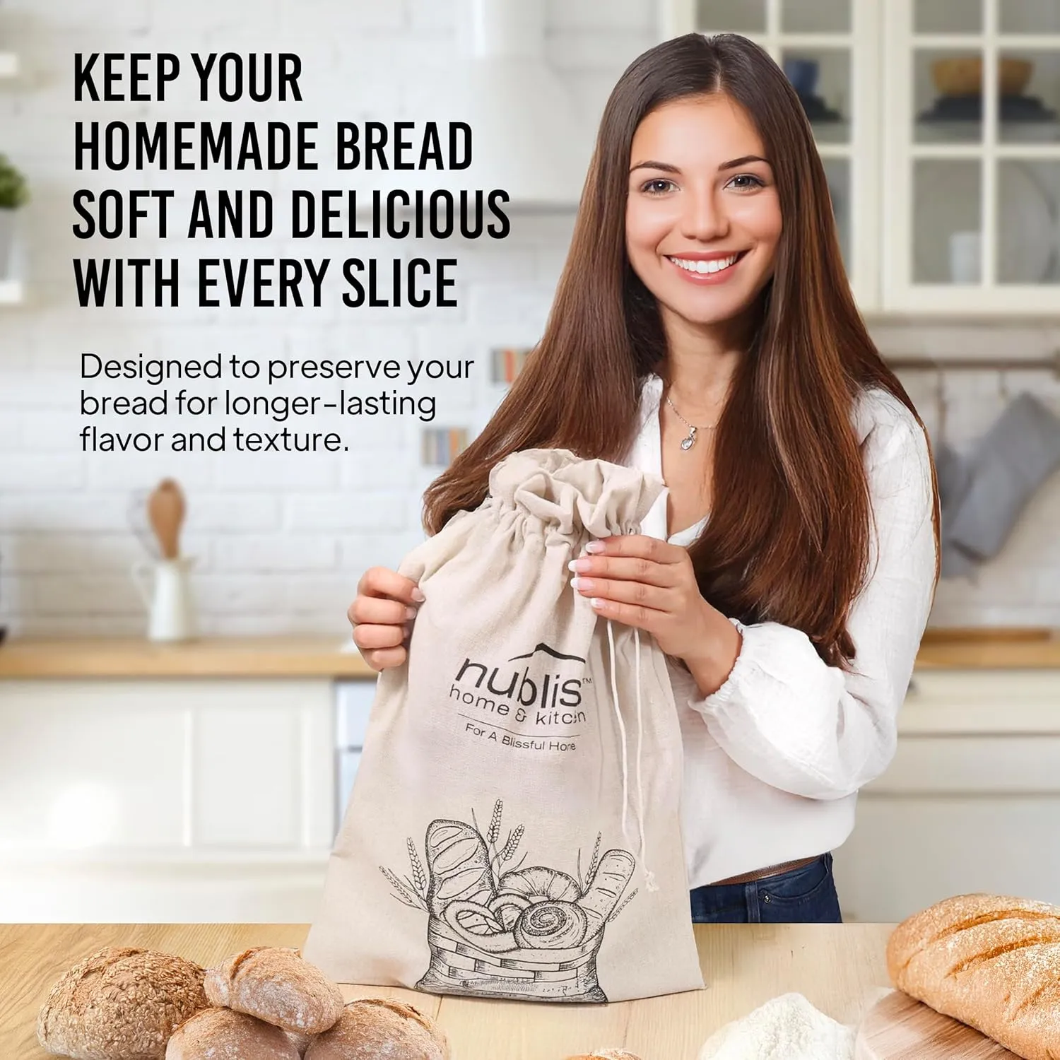 Nubliss Reusable Organic Linen Bread Bags for Homemade Bread with Inner Lining - Durable Breads Packaging & Storage - Sourdough Loaf Bags - Perfect for Sourdough Loaves and Baguettes, Pack of 2