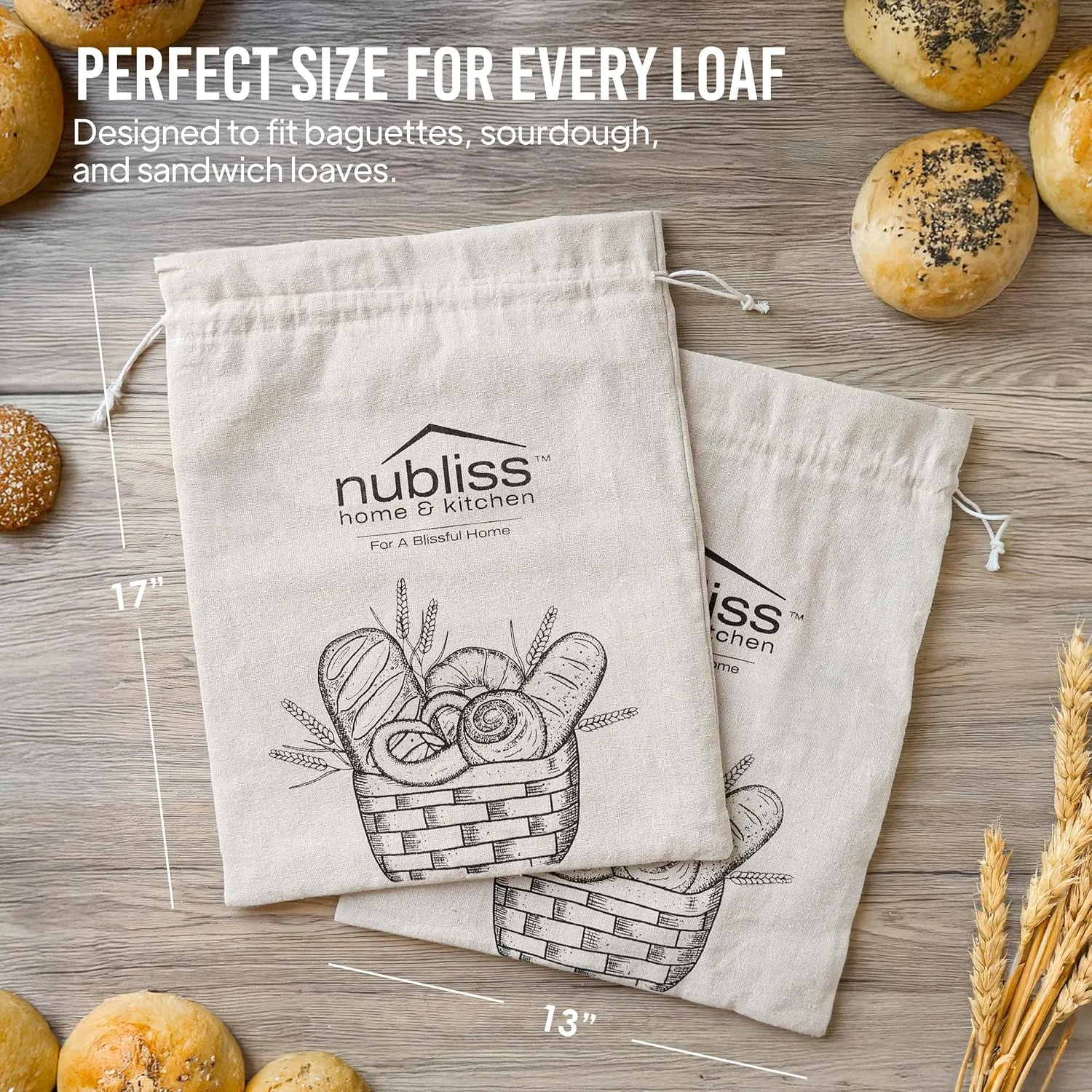 Nubliss Reusable Organic Linen Bread Bags for Homemade Bread with Inner Lining - Durable Breads Packaging & Storage - Sourdough Loaf Bags - Perfect for Sourdough Loaves and Baguettes, Pack of 2
