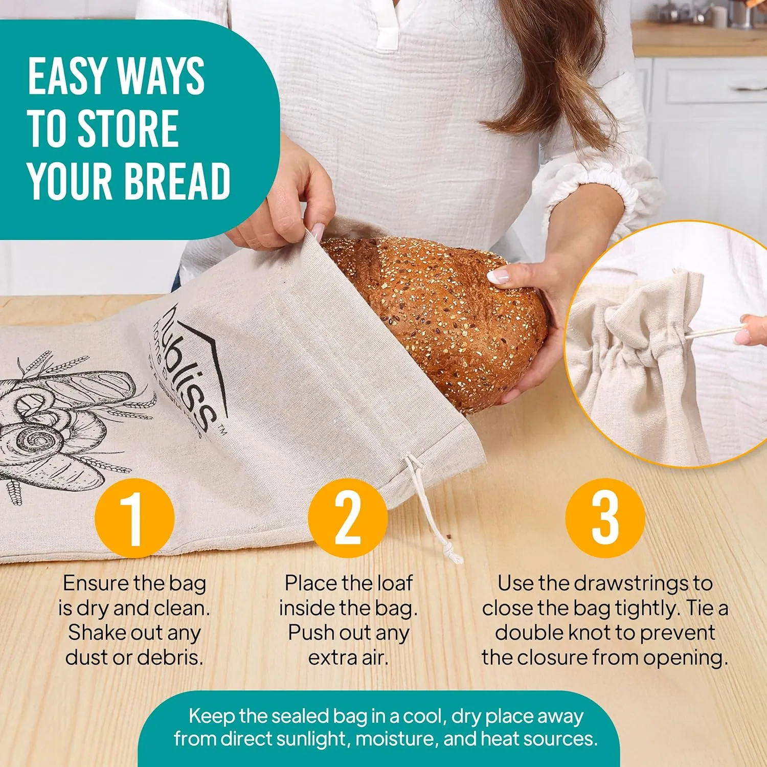 Nubliss Reusable Organic Linen Bread Bags for Homemade Bread with Inner Lining - Durable Breads Packaging & Storage - Sourdough Loaf Bags - Perfect for Sourdough Loaves and Baguettes, Pack of 2