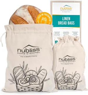 Nubliss Reusable Organic Linen Bread Bags for Homemade Bread with Inner Lining - Durable Breads Packaging & Storage - Sourdough Loaf Bags - Perfect for Sourdough Loaves and Baguettes, Pack of 2