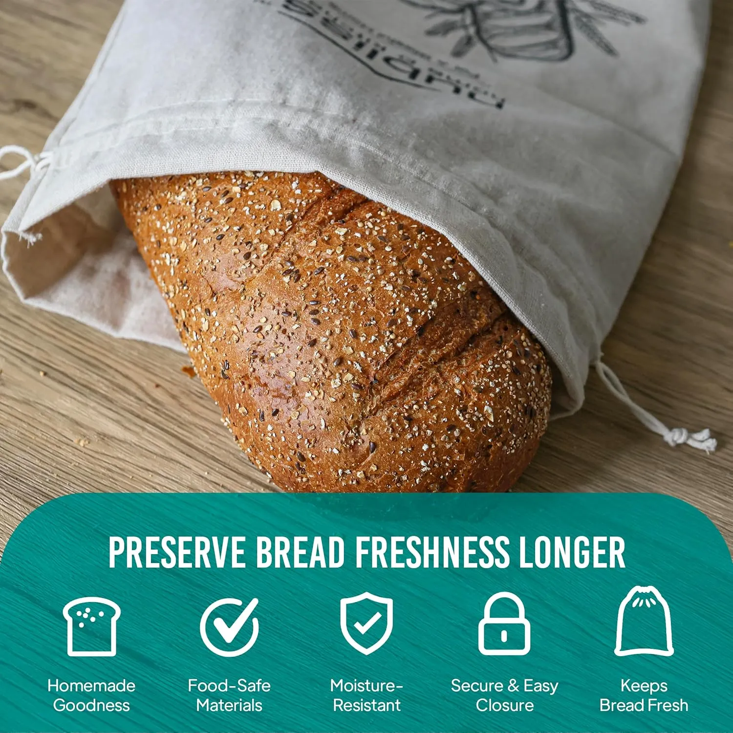 Nubliss Reusable Organic Linen Bread Bags for Homemade Bread with Inner Lining - Durable Breads Packaging & Storage - Sourdough Loaf Bags - Perfect for Sourdough Loaves and Baguettes, Pack of 2