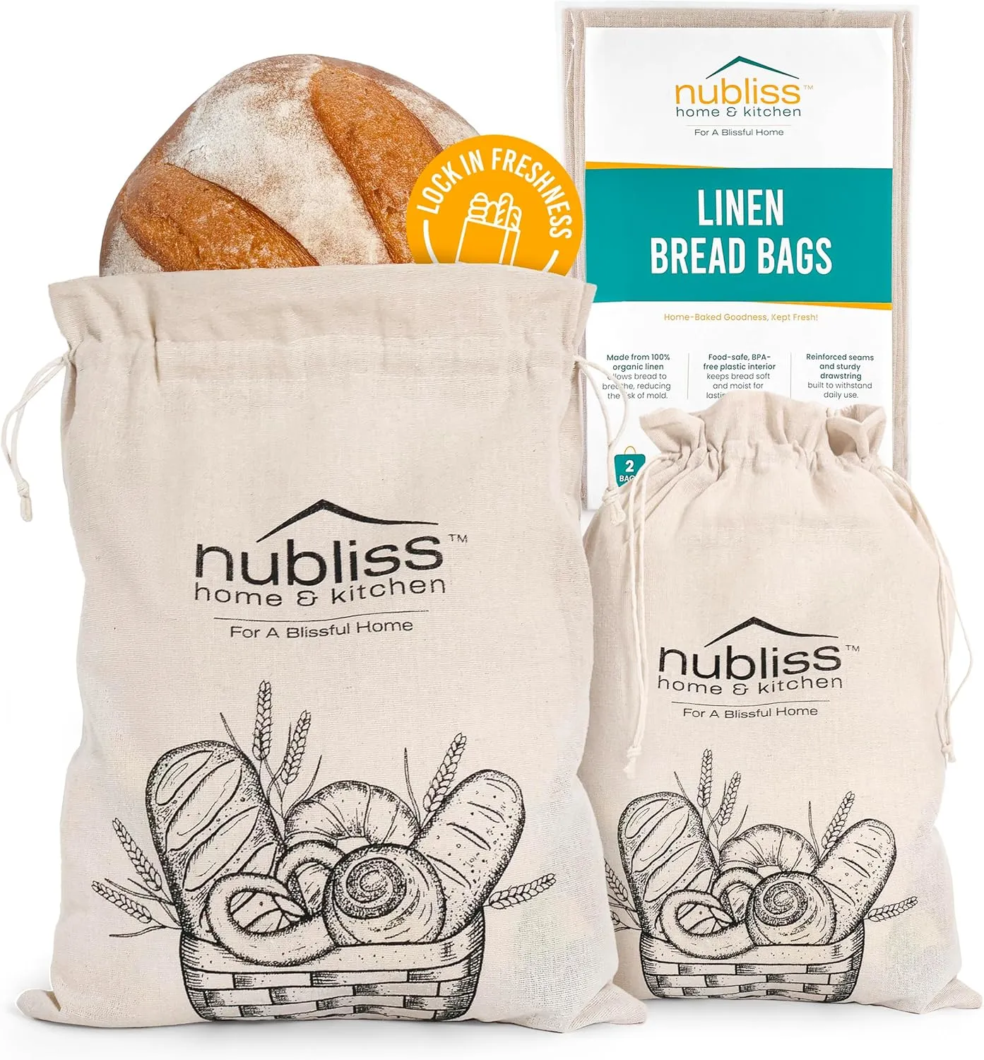Nubliss Reusable Organic Linen Bread Bags for Homemade Bread with Inner Lining - Durable Breads Packaging & Storage - Sourdough Loaf Bags - Perfect for Sourdough Loaves and Baguettes, Pack of 2
