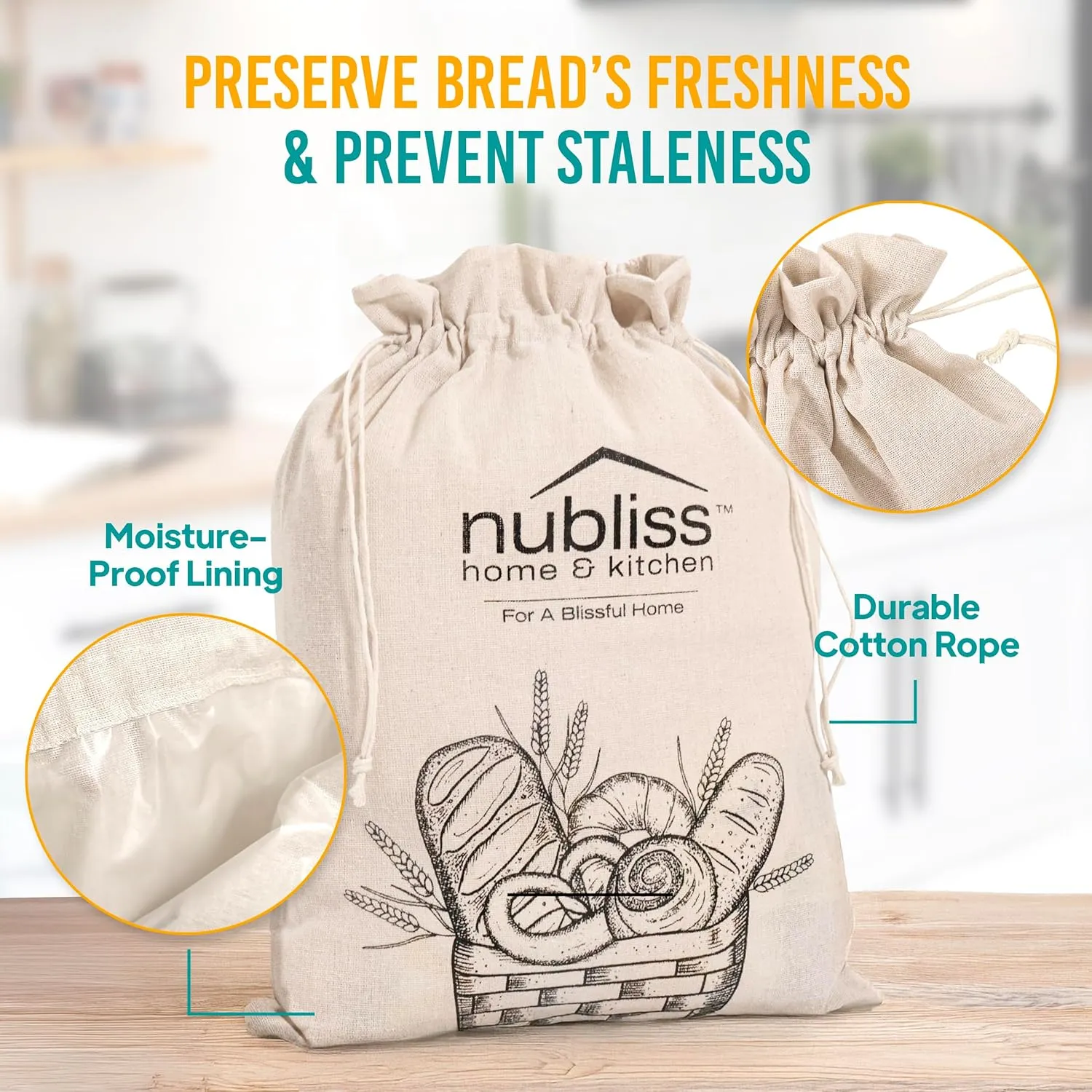 Nubliss Reusable Organic Linen Bread Bags for Homemade Bread with Inner Lining - Durable Breads Packaging & Storage - Sourdough Loaf Bags - Perfect for Sourdough Loaves and Baguettes, Pack of 2