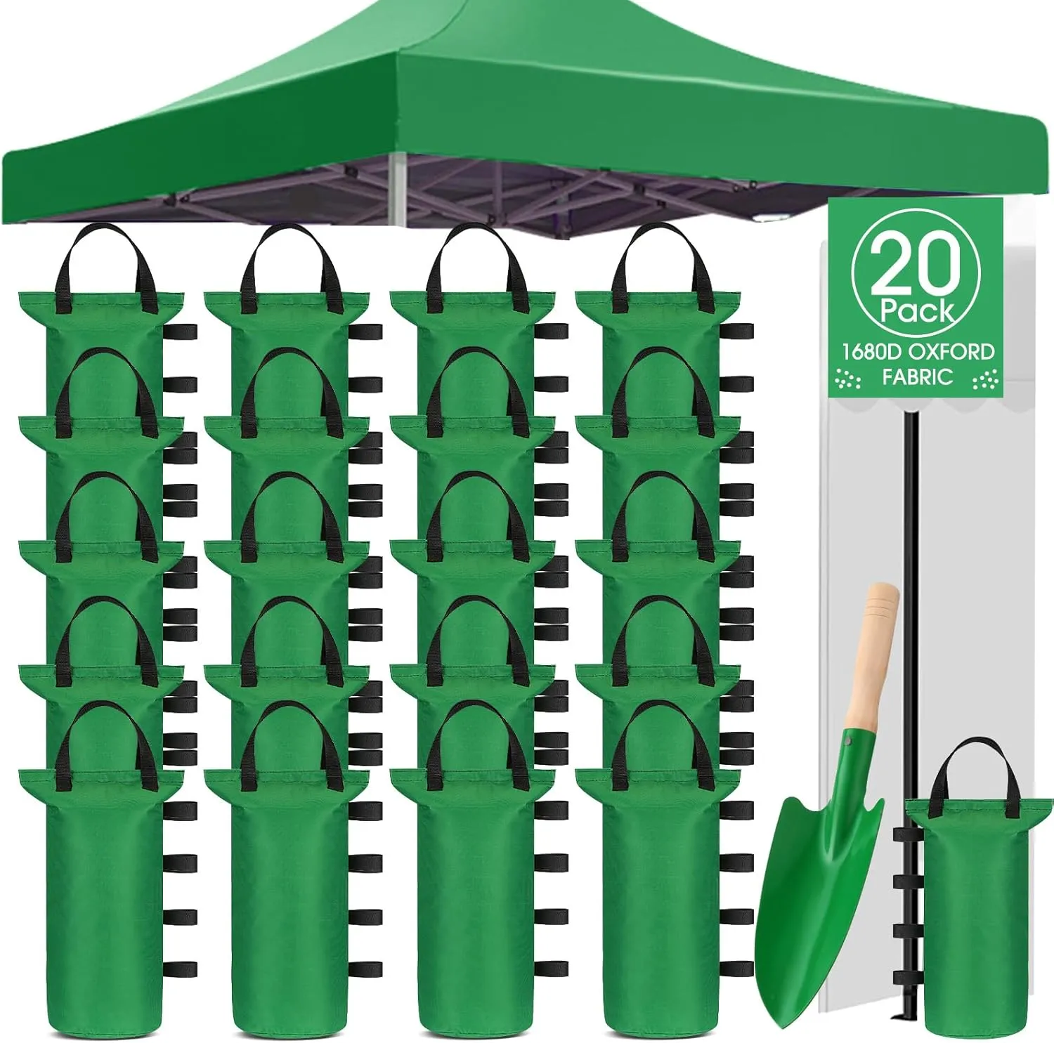 Nuenen 20 Pcs Canopy Sand Bags for Weight 560 Lbs Total Heavy Canopy Weights Tent Weights with Shovel for Sandbags Shelter Patio Umbrella Outdoor Instant Canopies Without Sand(Green)