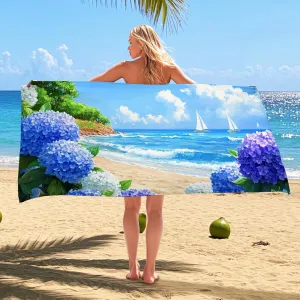Ocean Blue Floral Microfiber Beach Towel Extra Large Hydrangea Print Quick Dry Sand Free Lightweight Blanket, Vacation Pool Picnic Essentials 62x31 Inch