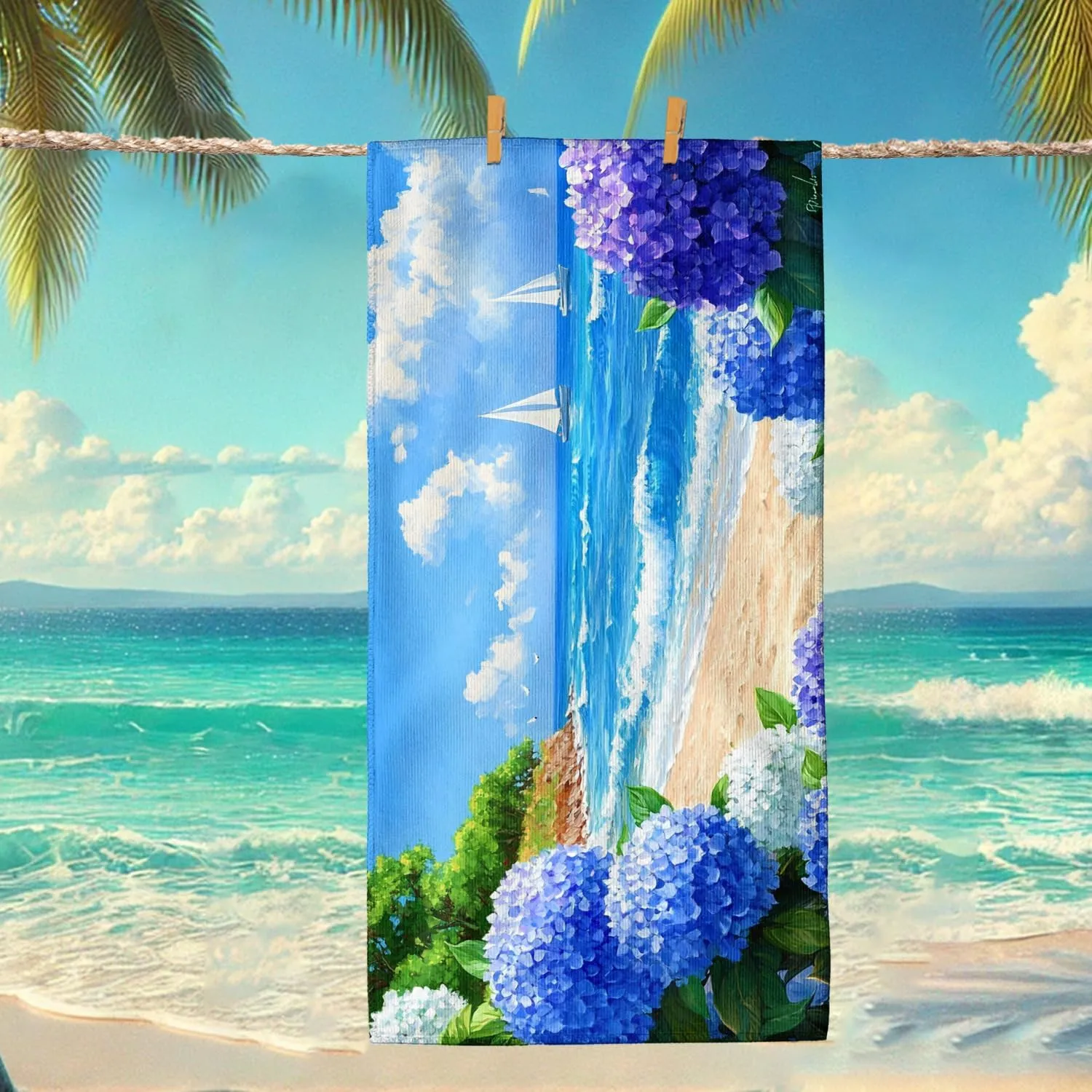 Ocean Blue Floral Microfiber Beach Towel Extra Large Hydrangea Print Quick Dry Sand Free Lightweight Blanket, Vacation Pool Picnic Essentials 62x31 Inch