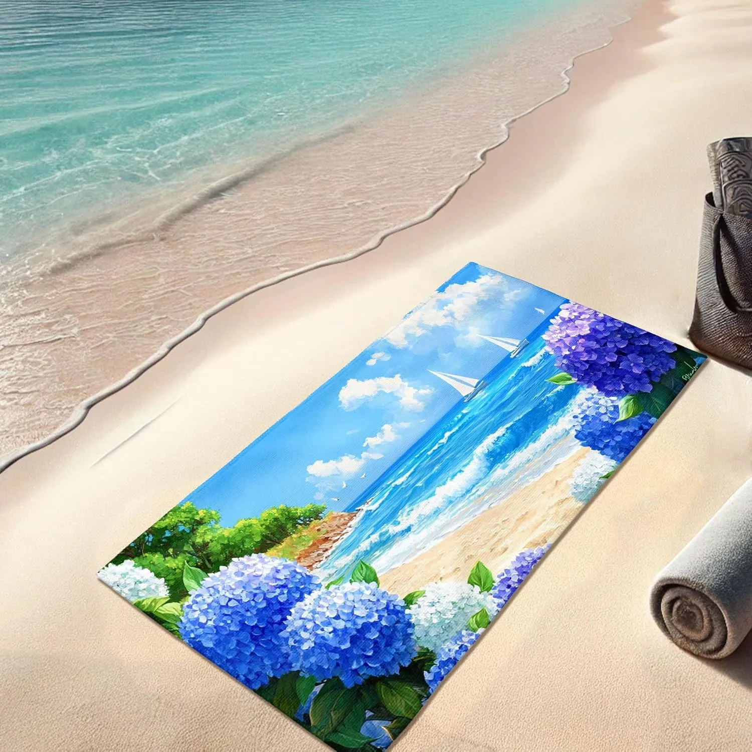 Ocean Blue Floral Microfiber Beach Towel Extra Large Hydrangea Print Quick Dry Sand Free Lightweight Blanket, Vacation Pool Picnic Essentials 62x31 Inch