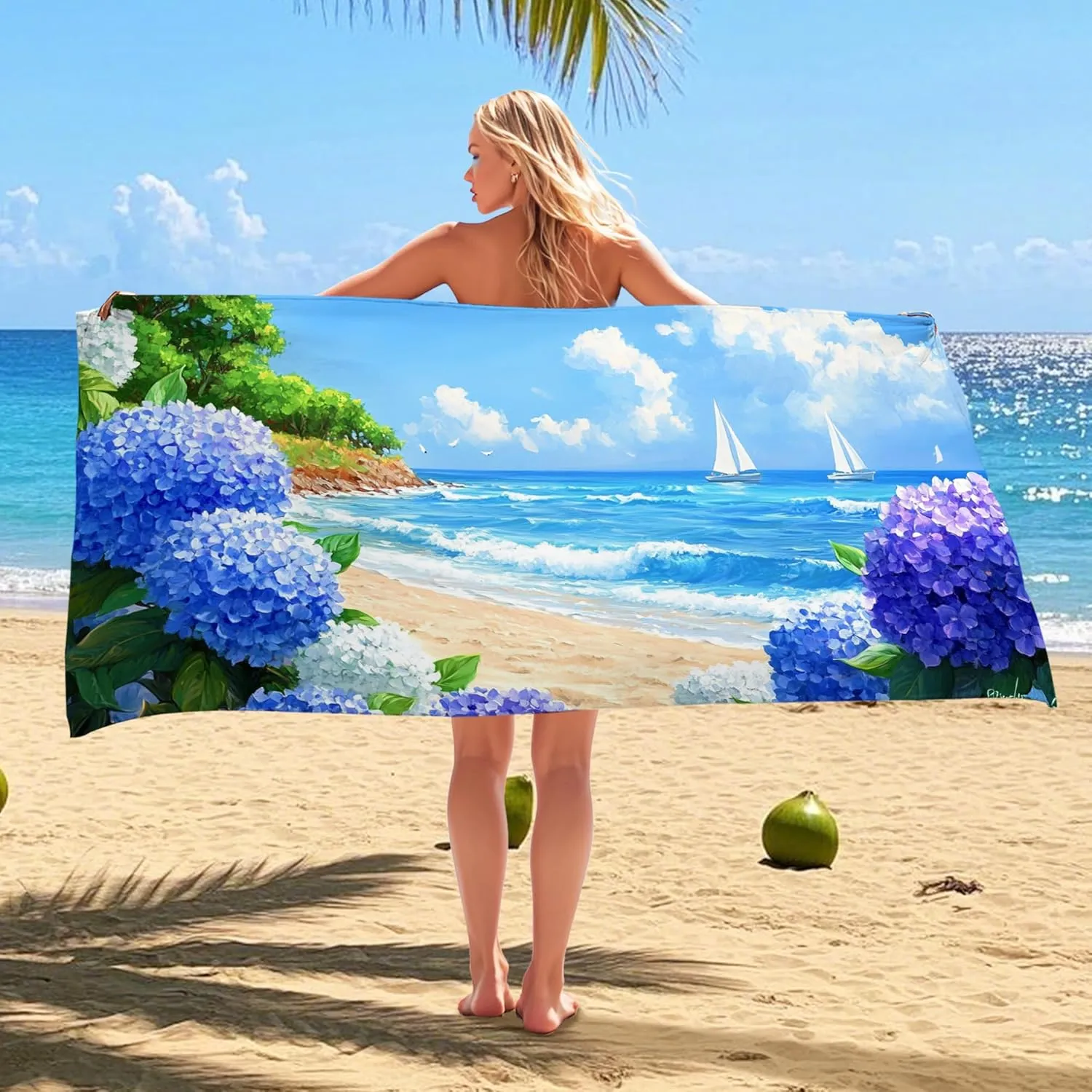 Ocean Blue Floral Microfiber Beach Towel Extra Large Hydrangea Print Quick Dry Sand Free Lightweight Blanket, Vacation Pool Picnic Essentials 62x31 Inch