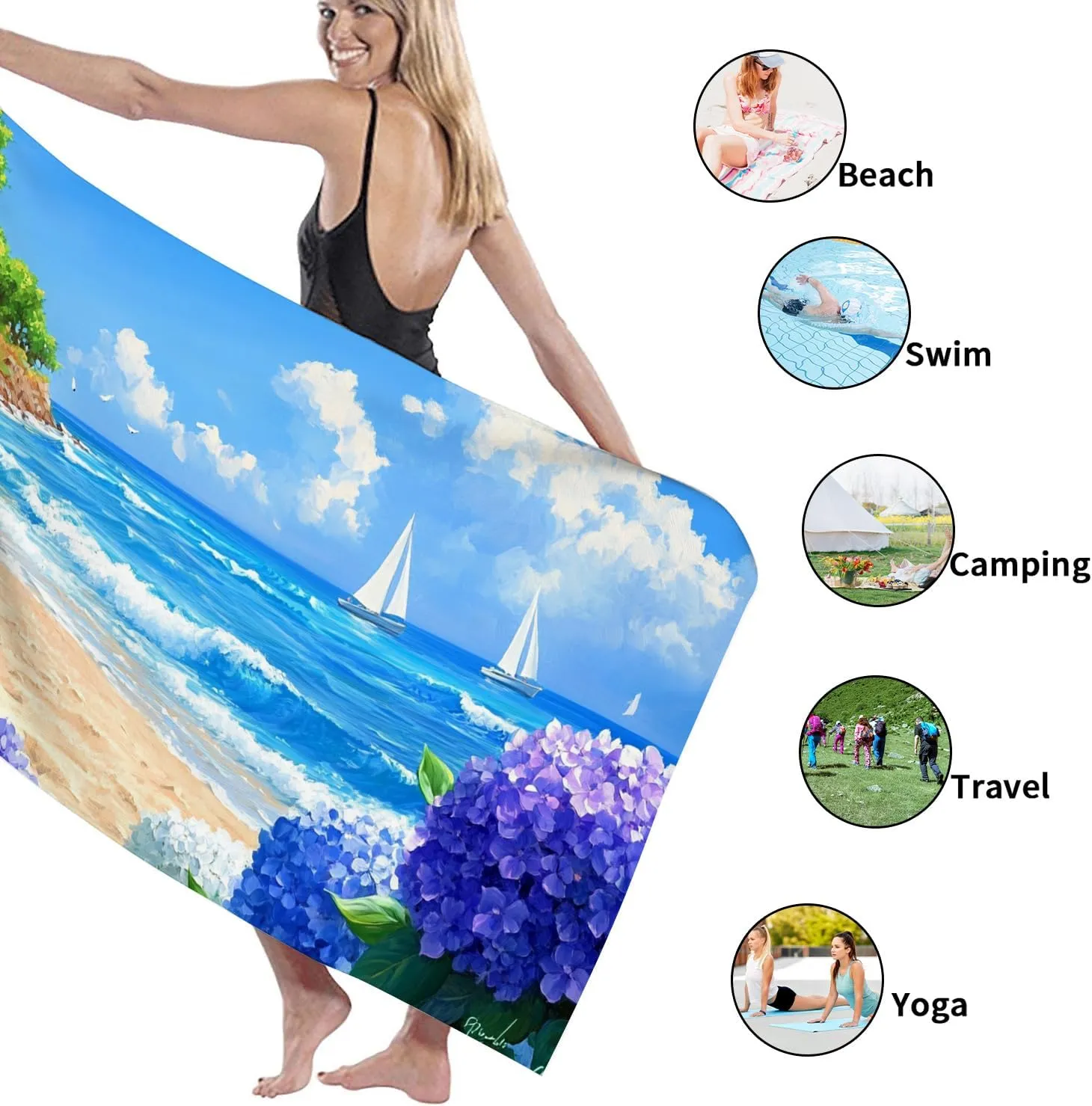 Ocean Blue Floral Microfiber Beach Towel Extra Large Hydrangea Print Quick Dry Sand Free Lightweight Blanket, Vacation Pool Picnic Essentials 62x31 Inch