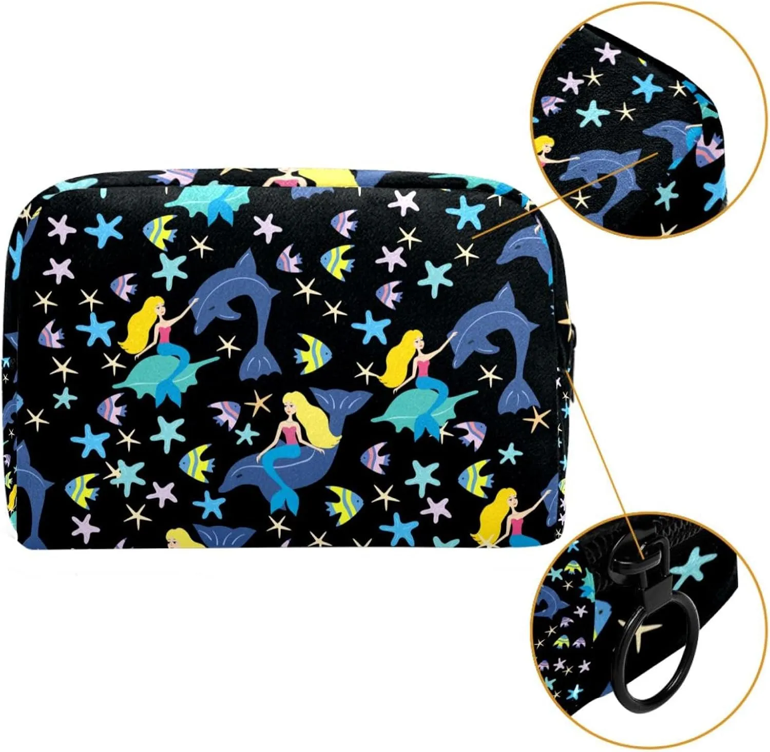 Ocean Whale Black Mermaid Small Makeup Bag for Purse, Portable Cosmetic Bag Zipper Makeup Pouch for Women, Stationery, Toiletries, Travel Accessories