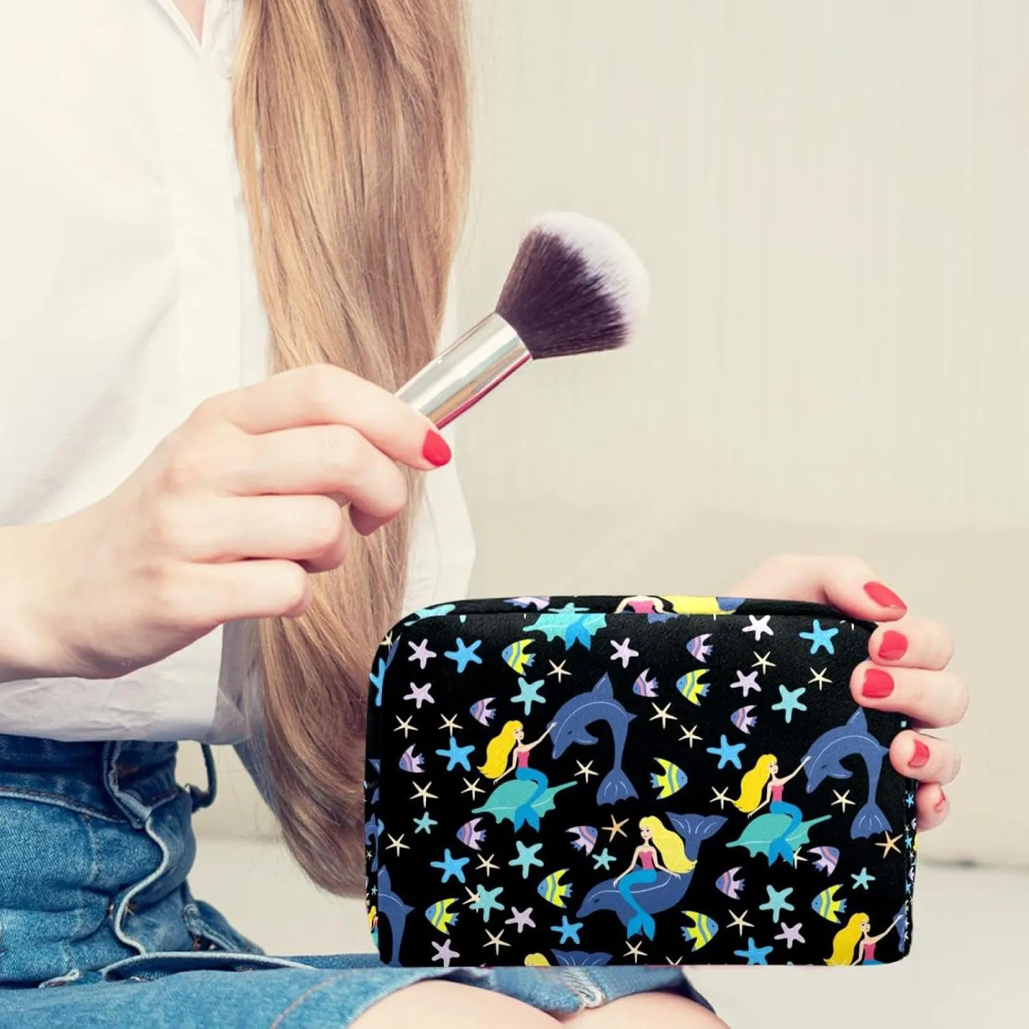 Ocean Whale Black Mermaid Small Makeup Bag for Purse, Portable Cosmetic Bag Zipper Makeup Pouch for Women, Stationery, Toiletries, Travel Accessories