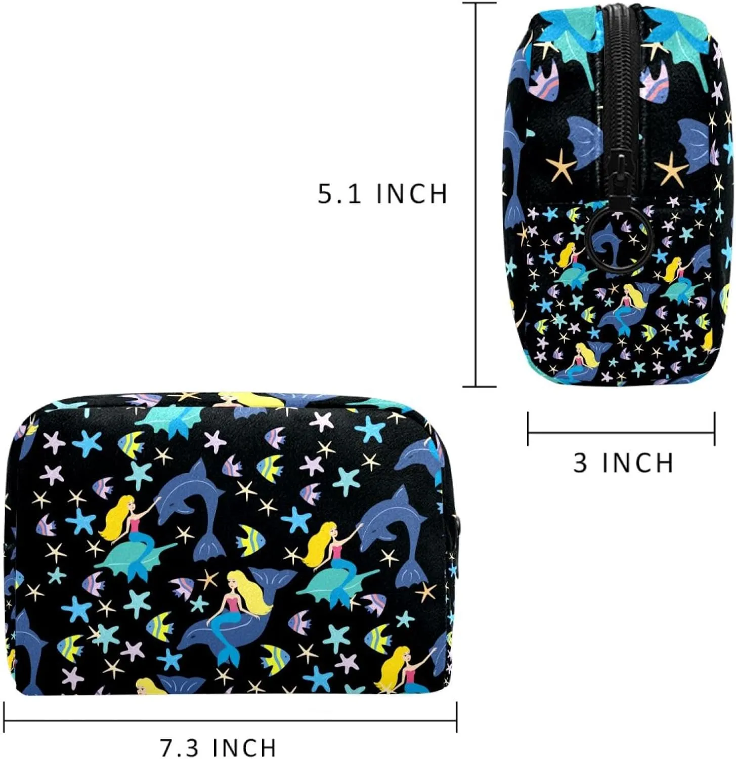 Ocean Whale Black Mermaid Small Makeup Bag for Purse, Portable Cosmetic Bag Zipper Makeup Pouch for Women, Stationery, Toiletries, Travel Accessories