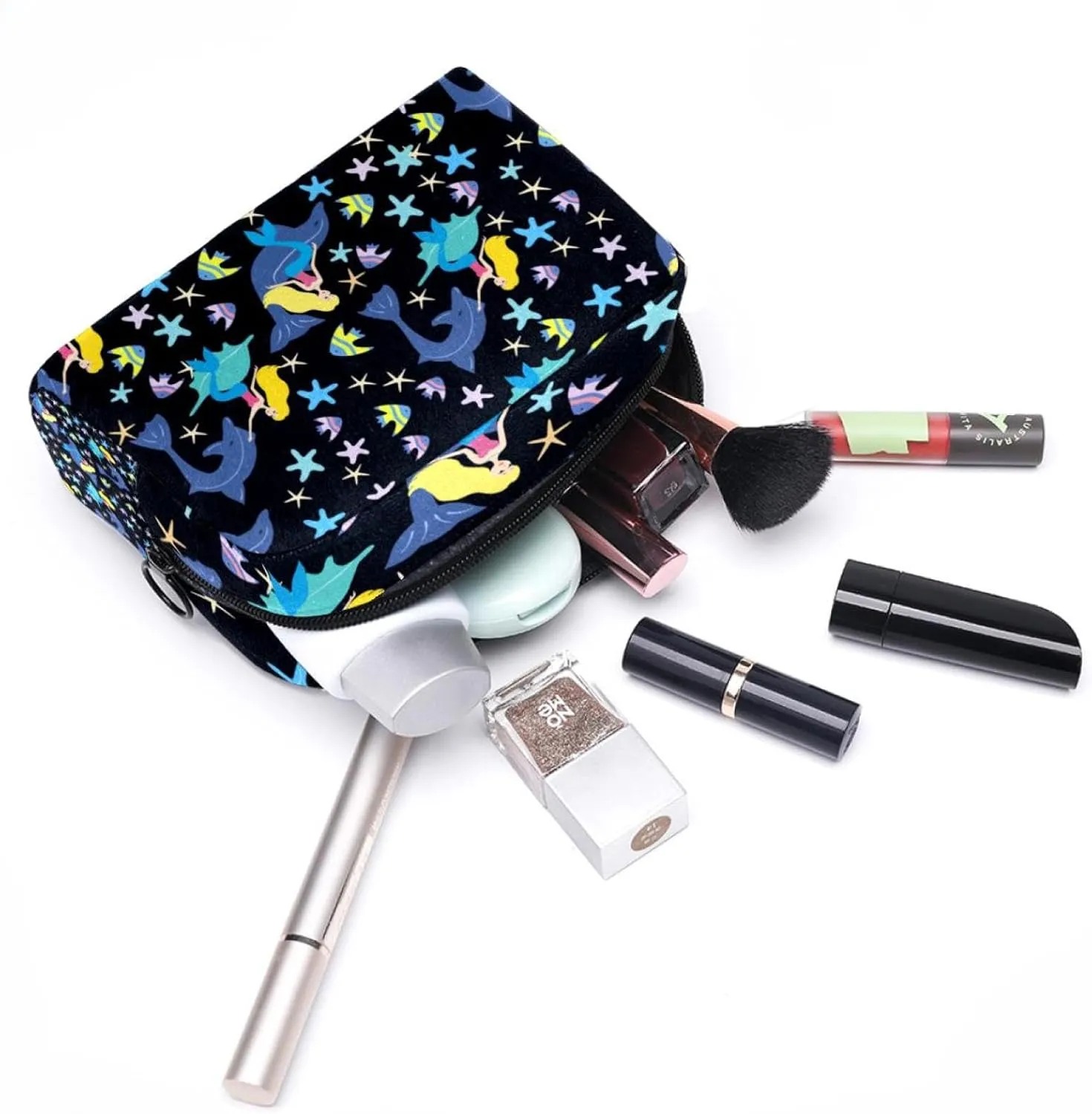 Ocean Whale Black Mermaid Small Makeup Bag for Purse, Portable Cosmetic Bag Zipper Makeup Pouch for Women, Stationery, Toiletries, Travel Accessories