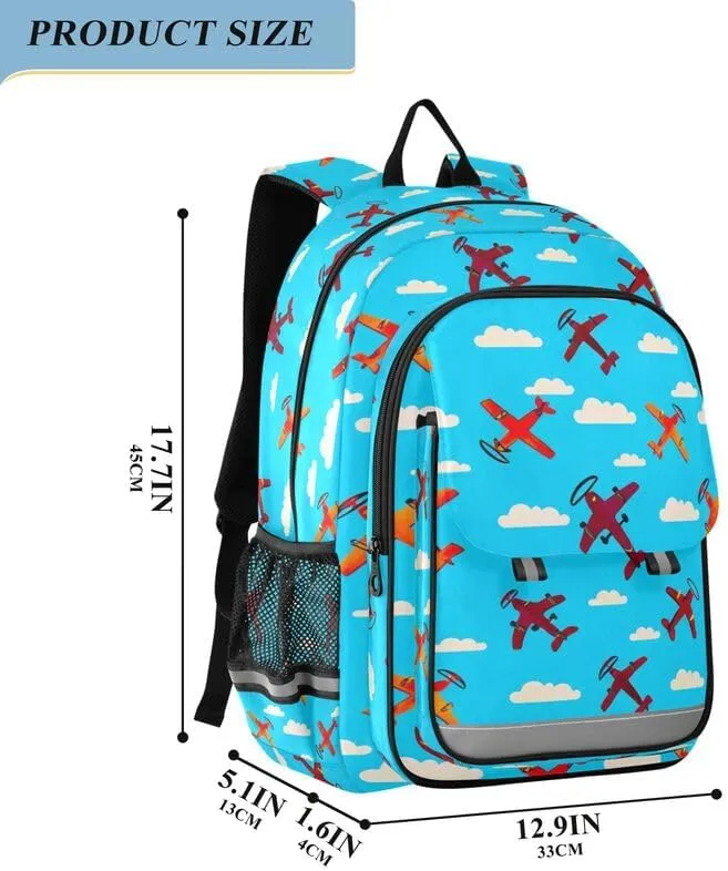 ODAWA Colorful Airplanes Blue Bagpacks Bookbags with Adjustable Padded Straps Girls Boys Backpack, 17 Inch