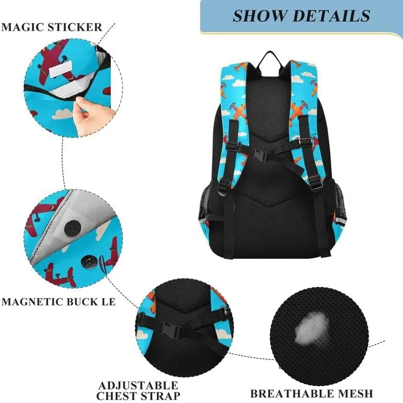 ODAWA Colorful Airplanes Blue Bagpacks Bookbags with Adjustable Padded Straps Girls Boys Backpack, 17 Inch