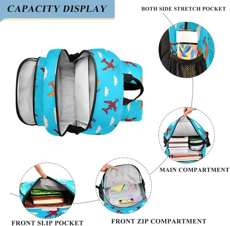 ODAWA Colorful Airplanes Blue Bagpacks Bookbags with Adjustable Padded Straps Girls Boys Backpack, 17 Inch