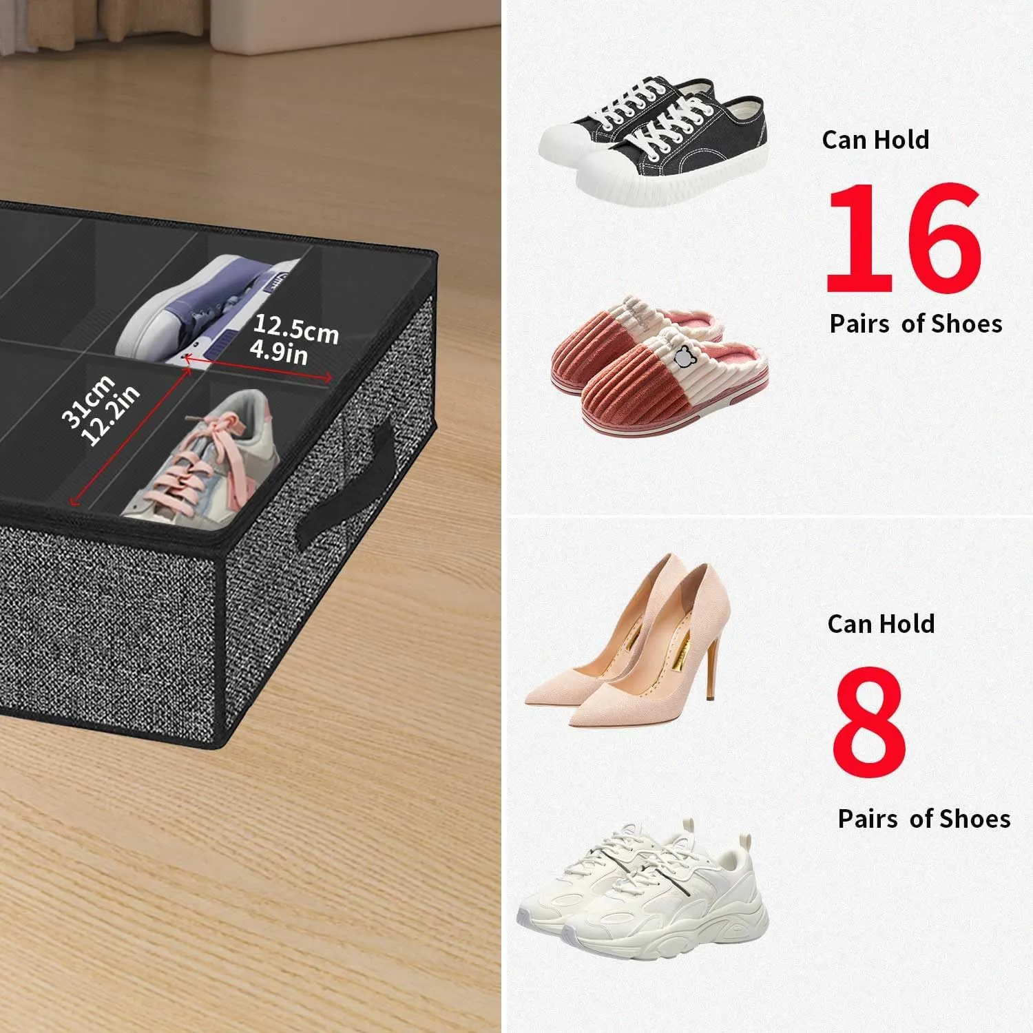 Onlyeasy Sturdy Under Bed Shoe Storage Solution Organizer For Closet Fit 16x2 Pairs, Underbed Shoes Container Bags with Reinforced Handles, Breathable, Linen-like Black, MXAUBS16P2