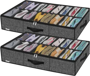 Onlyeasy Sturdy Under Bed Shoe Storage Solution Organizer For Closet Fit 16x2 Pairs, Underbed Shoes Container Bags with Reinforced Handles, Breathable, Linen-like Black, MXAUBS16P2
