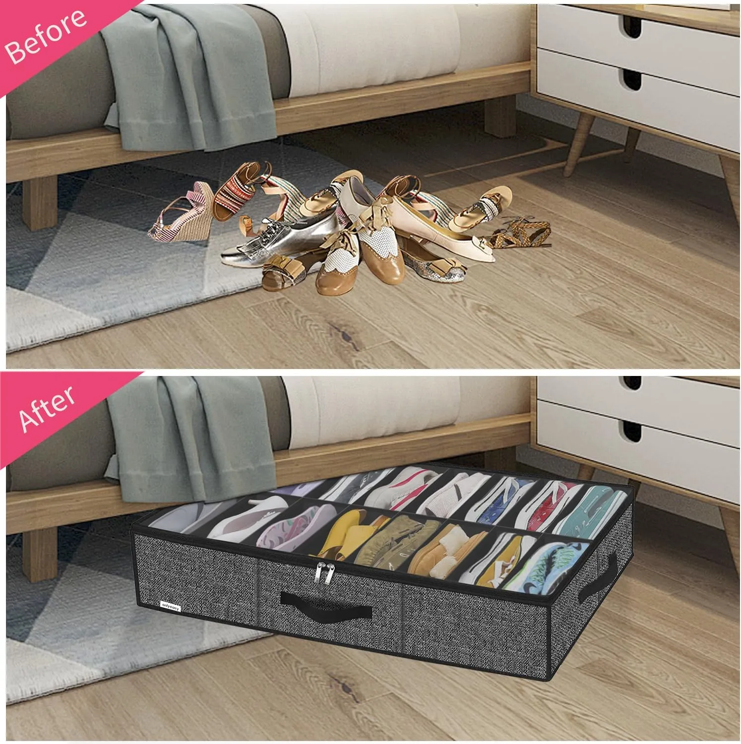 Onlyeasy Sturdy Under Bed Shoe Storage Solution Organizer For Closet Fit 16x2 Pairs, Underbed Shoes Container Bags with Reinforced Handles, Breathable, Linen-like Black, MXAUBS16P2