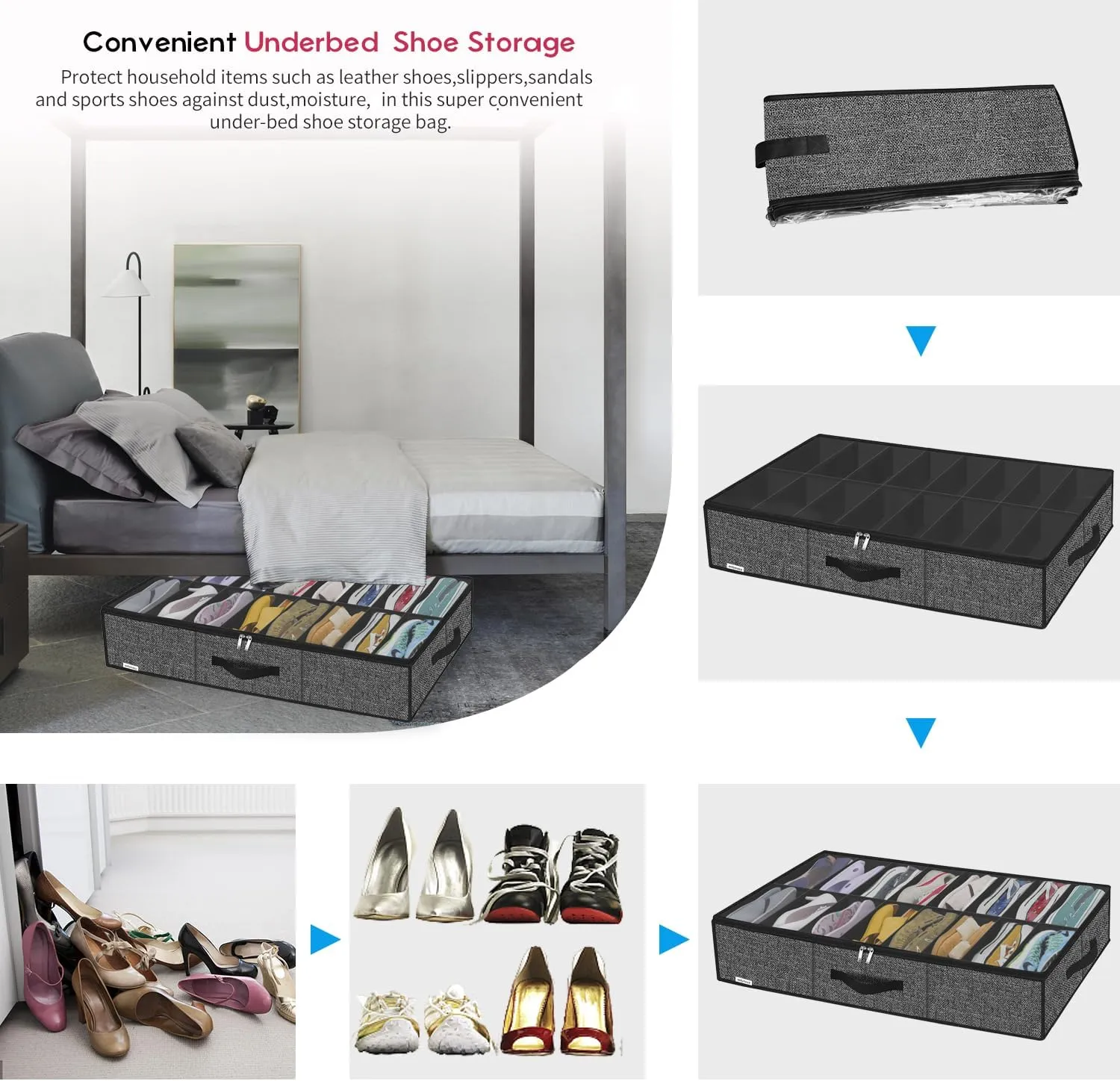 Onlyeasy Sturdy Under Bed Shoe Storage Solution Organizer For Closet Fit 16x2 Pairs, Underbed Shoes Container Bags with Reinforced Handles, Breathable, Linen-like Black, MXAUBS16P2