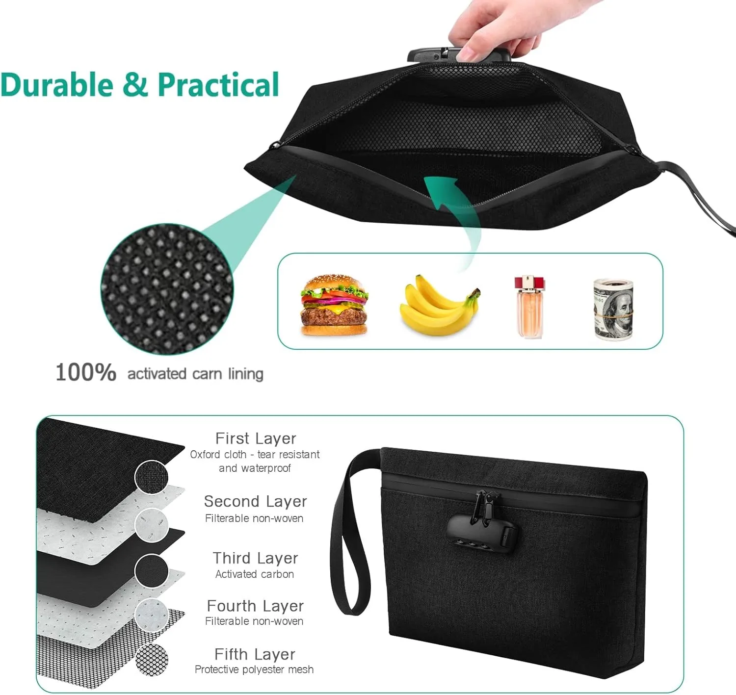 ORIA Waterproof Handbag with Lock, Black, for Travelers, Adults, Handbag