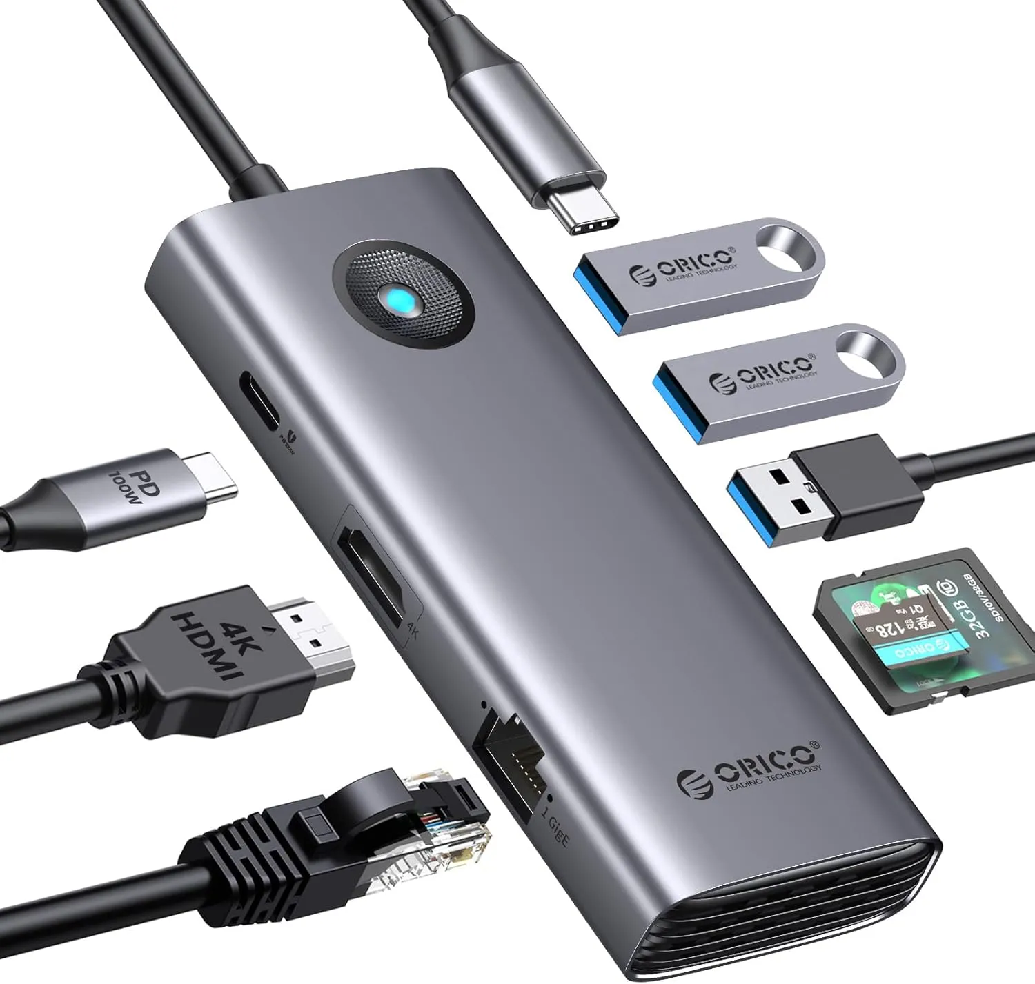 ORICO USB C Docking Station,8 in 1 USB C Dongle with HDMI 4K PD100W 3*USB3.0 Ethernet SD/TF, USB C Hub Multiport Adapter for MacBook/Dell/HP/Surface/Lenovo Grey