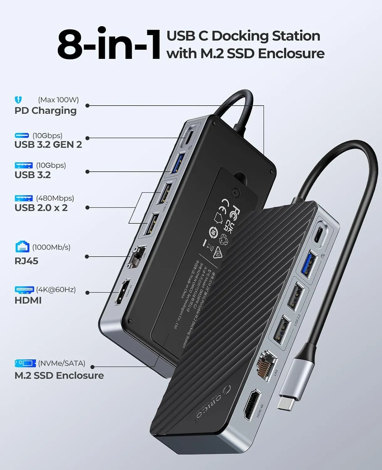 ORICO USB-C Hub with M.2 SSD Enclosure, 8-in-1 USB C Docking Station Fits M.2 NVMe/SATA SSD, 10Gbps, 4K@60Hz HDMI, 100W PD, Ethernet - OM28PR