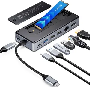 ORICO USB-C Hub with M.2 SSD Enclosure, 8-in-1 USB C Docking Station Fits M.2 NVMe/SATA SSD, 10Gbps, 4K@60Hz HDMI, 100W PD, Ethernet - OM28PR