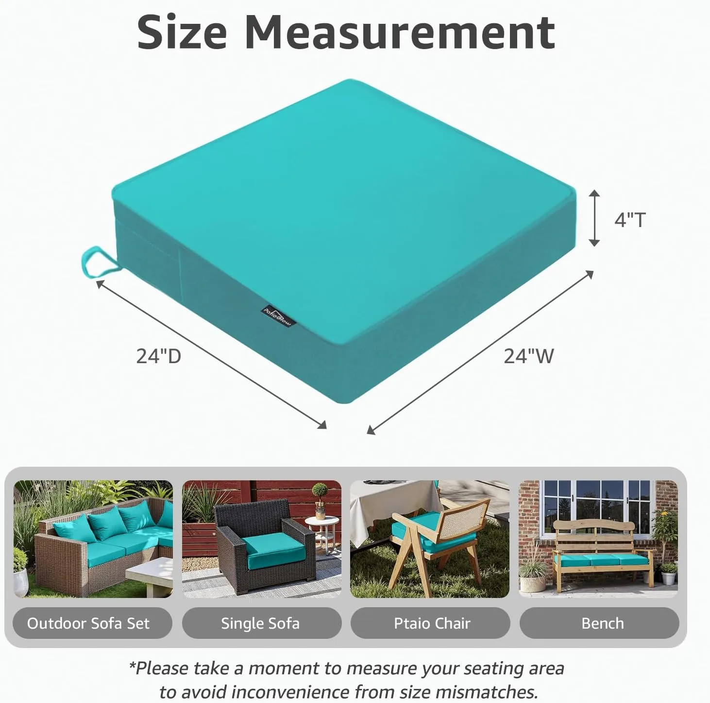 Outdoor Chair Cushions 24 x 24 x 4 Inch, Waterproof & Fade Resistant Patio Seat Cushion for Furniture with Handle and Ties, Thick Seating Pads for Outside Sofa Couch Set of 2, Teal