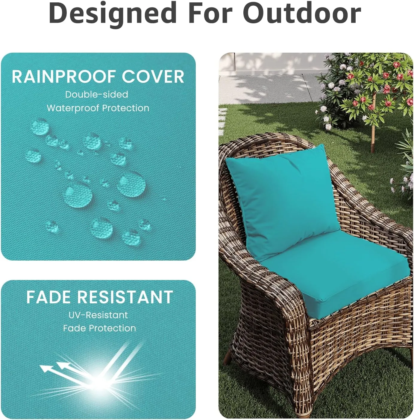 Outdoor Chair Cushions 24 x 24 x 4 Inch, Waterproof & Fade Resistant Patio Seat Cushion for Furniture with Handle and Ties, Thick Seating Pads for Outside Sofa Couch Set of 2, Teal