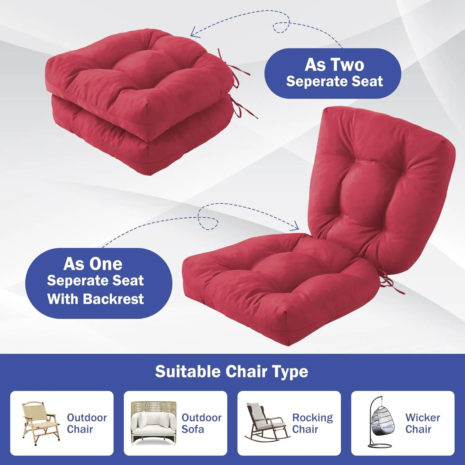 Outdoor Chair Cushions Set of 2, Patio Chair Cushions with Ties, 19x19 Tufted Outdoor Seat Cushions, Waterproof Patio Furniture Cushions, Outdoor Dining Chair Pads, Burgundy