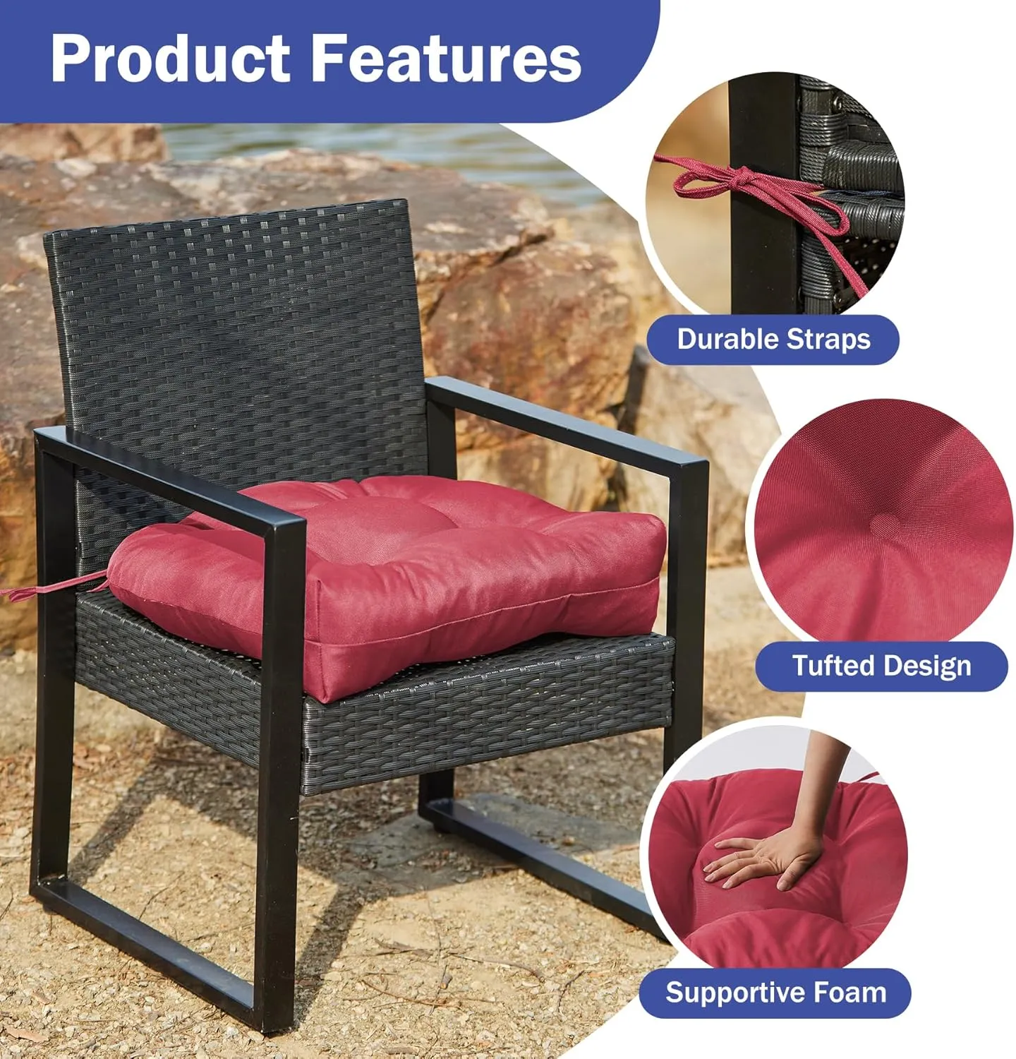 Outdoor Chair Cushions Set of 2, Patio Chair Cushions with Ties, 19x19 Tufted Outdoor Seat Cushions, Waterproof Patio Furniture Cushions, Outdoor Dining Chair Pads, Burgundy