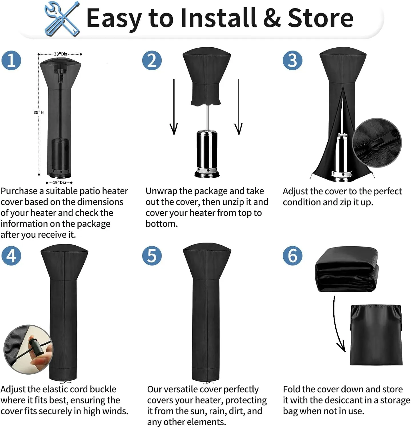 OutdoorLines Waterproof Outdoor Patio Heater Covers with Zipper and Storage Bag, Dust-proof UV-Resistant Windproof Propane Heavy Duty Heater Cover for Standing Heater, 2 Packs-89Hx33Dx19B inch Black