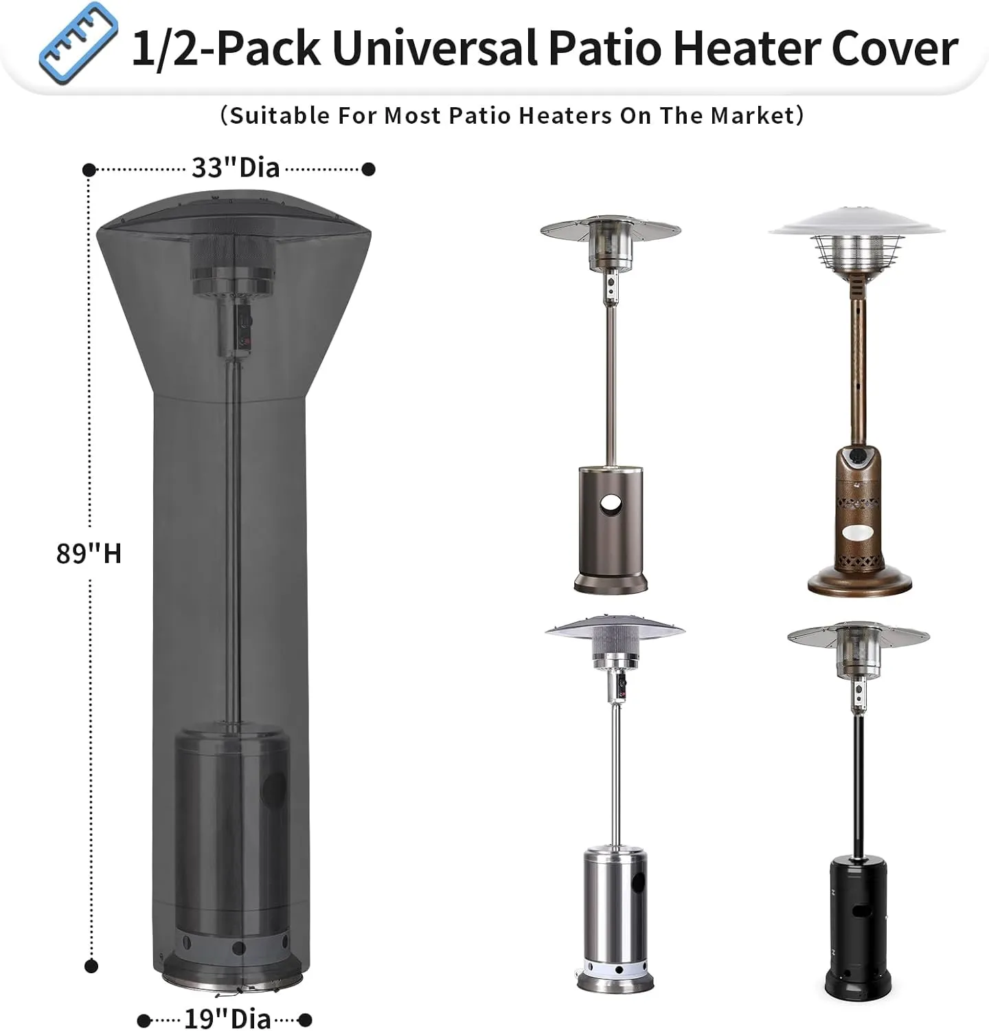 OutdoorLines Waterproof Outdoor Patio Heater Covers with Zipper and Storage Bag, Dust-proof UV-Resistant Windproof Propane Heavy Duty Heater Cover for Standing Heater, 2 Packs-89Hx33Dx19B inch Black