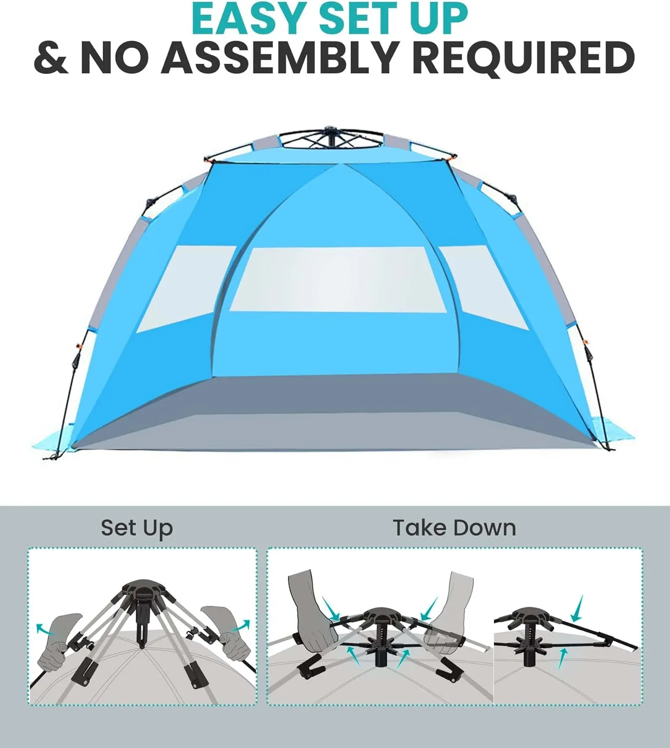OutdoorMaster Beach Tent for 3-4 Person - Easy Setup and Portable Beach Shade Sun Shelter Canopy with UPF 50  UV Protection Removable Skylight Family Size