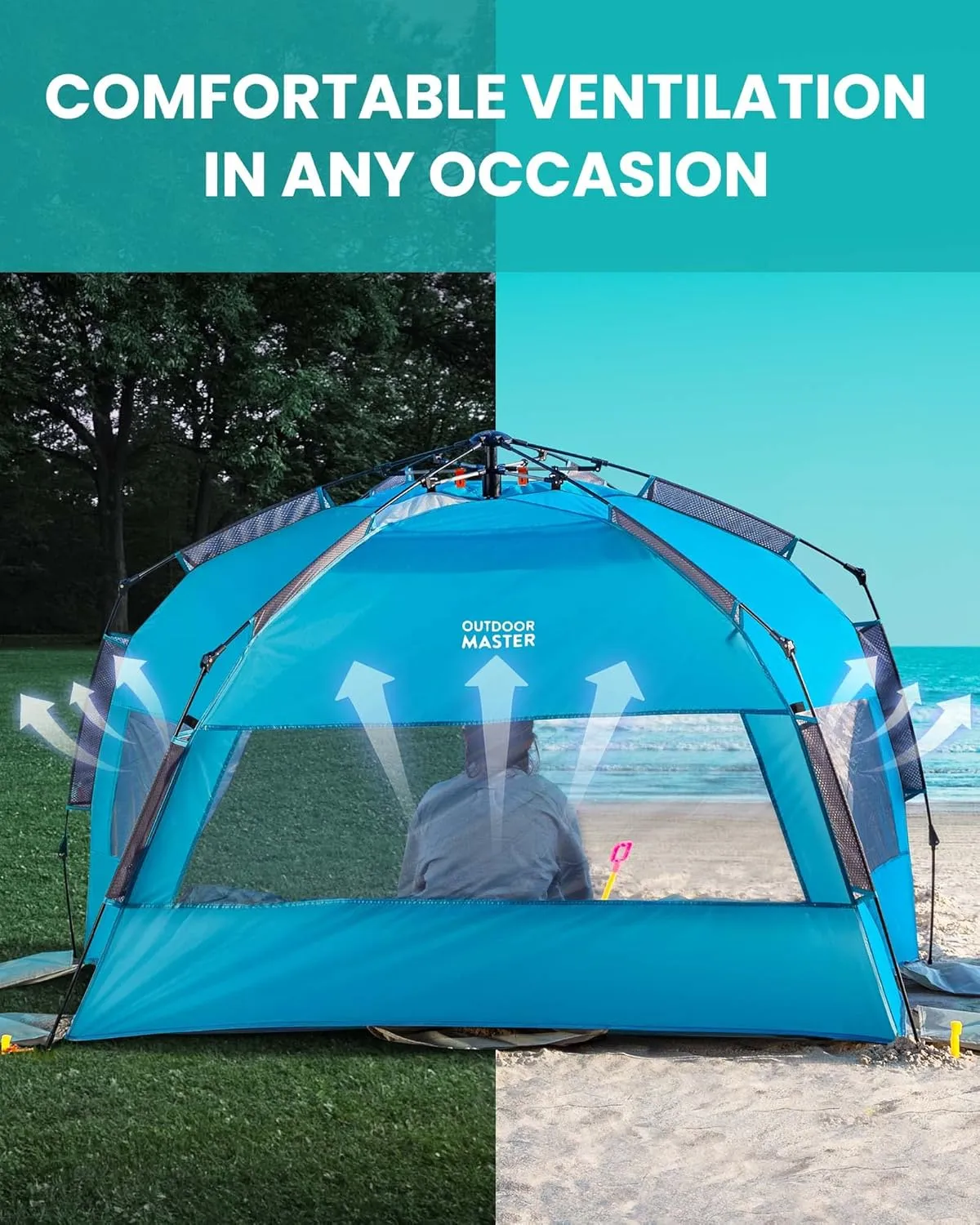 OutdoorMaster Beach Tent for 3-4 Person - Easy Setup and Portable Beach Shade Sun Shelter Canopy with UPF 50  UV Protection Removable Skylight Family Size