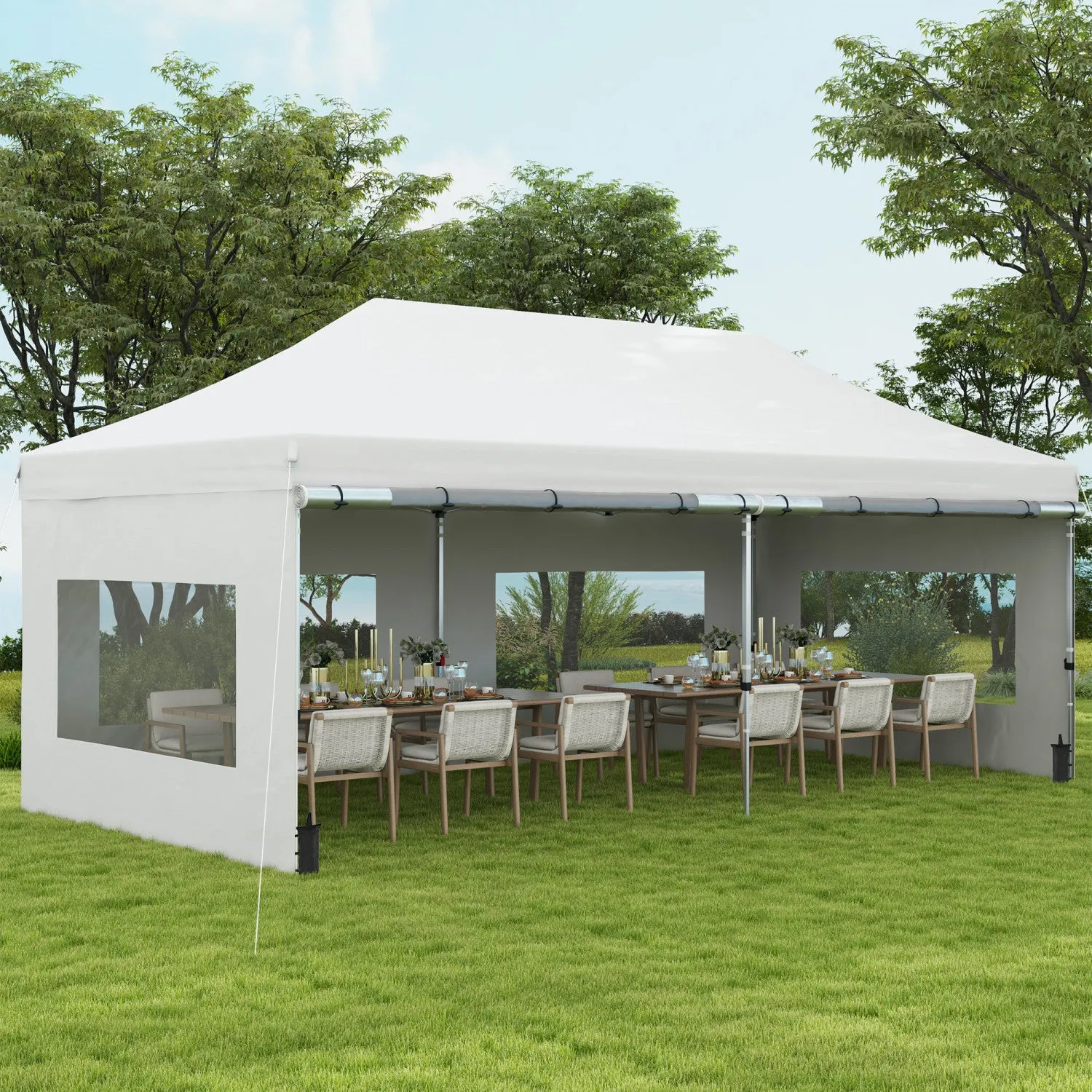 Outsunny 20' X 10' Pop-up Canopy Instant Tent Shelter W/ Roller Bag, White|Outsunny Abri De Tente Instantane 20' X 10' Auvent Escamotable, Blanc