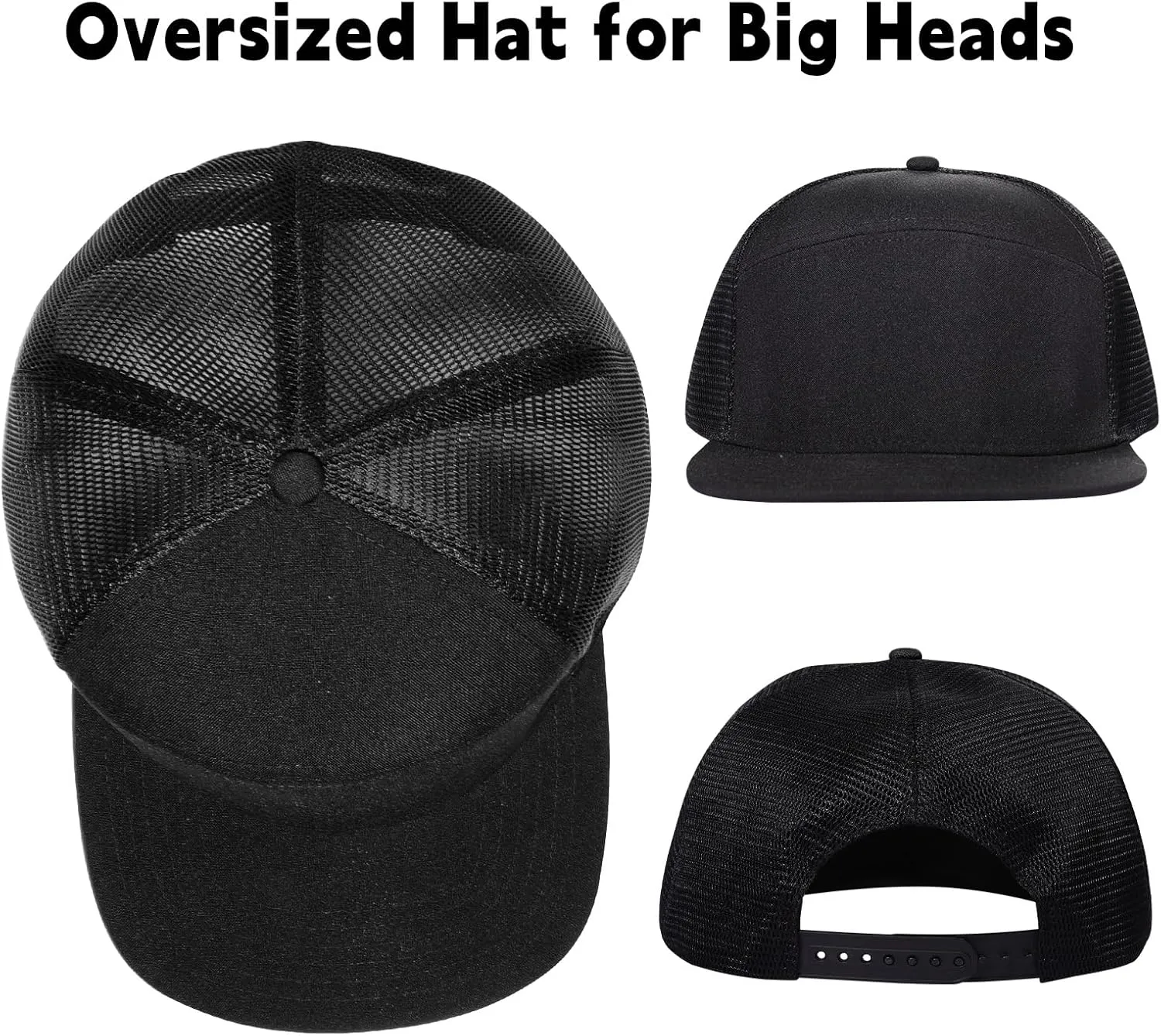 Oversize XXL Blank Flatbill Mesh Snapback Cap for Big Head 23.6"-25.6" Extra Large 6 Panel Camper Style Hat Baseball Cap