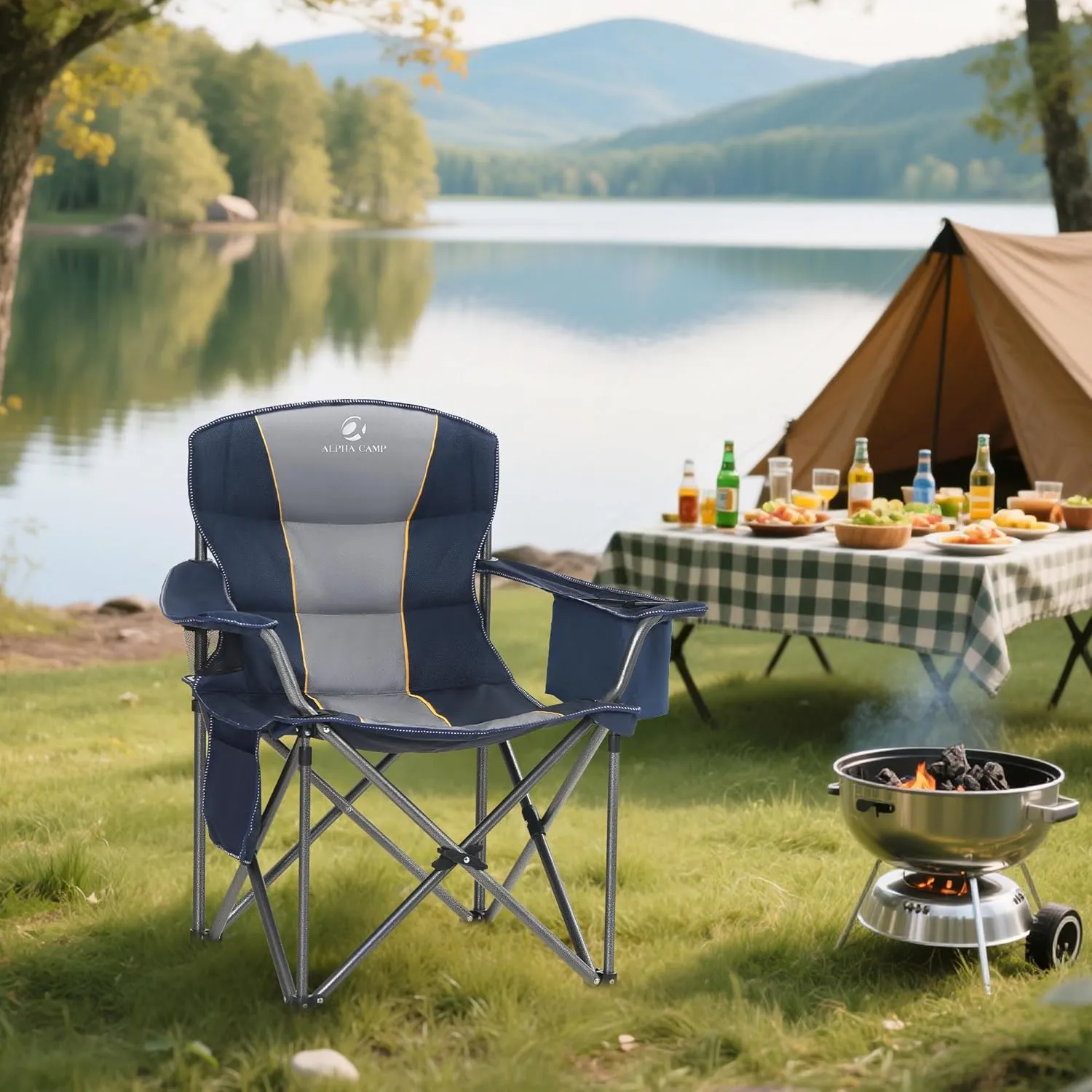 Oversized Camping Folding Chair Heavy Duty with Cooler Bag Steel Frame 450lbs Capacity Foldable with Padded Armrests 4-Pole Support Portable Outdoor Lawn Beach Hiking Blue (1)