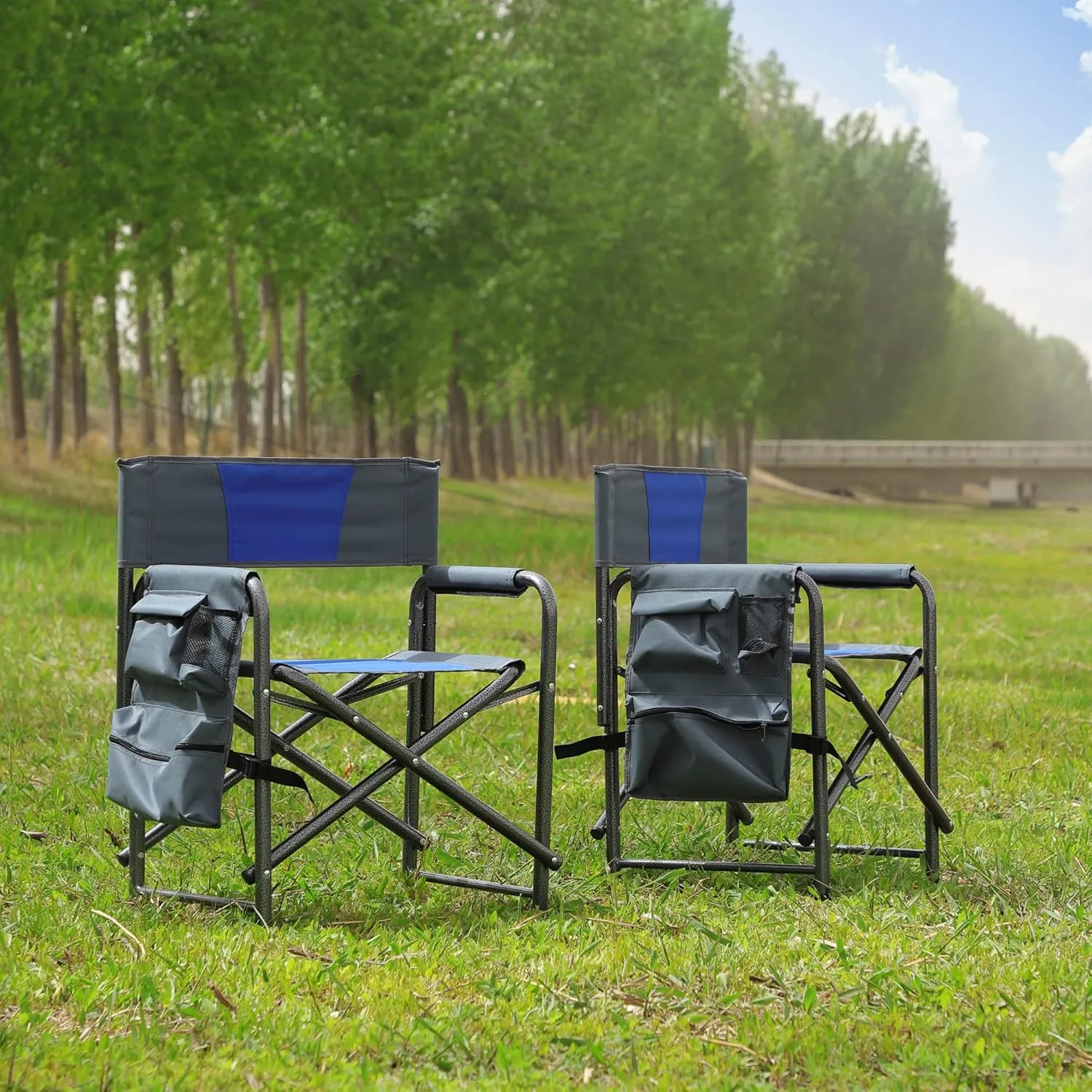 Oversized Padded Folding Chair with Side Table - 400lb Capacity Portable Directors Chair for Camping Picnics Fishing Indoor Outdoor Use Lightweight Oxford Fabric (2-Piece Blue)